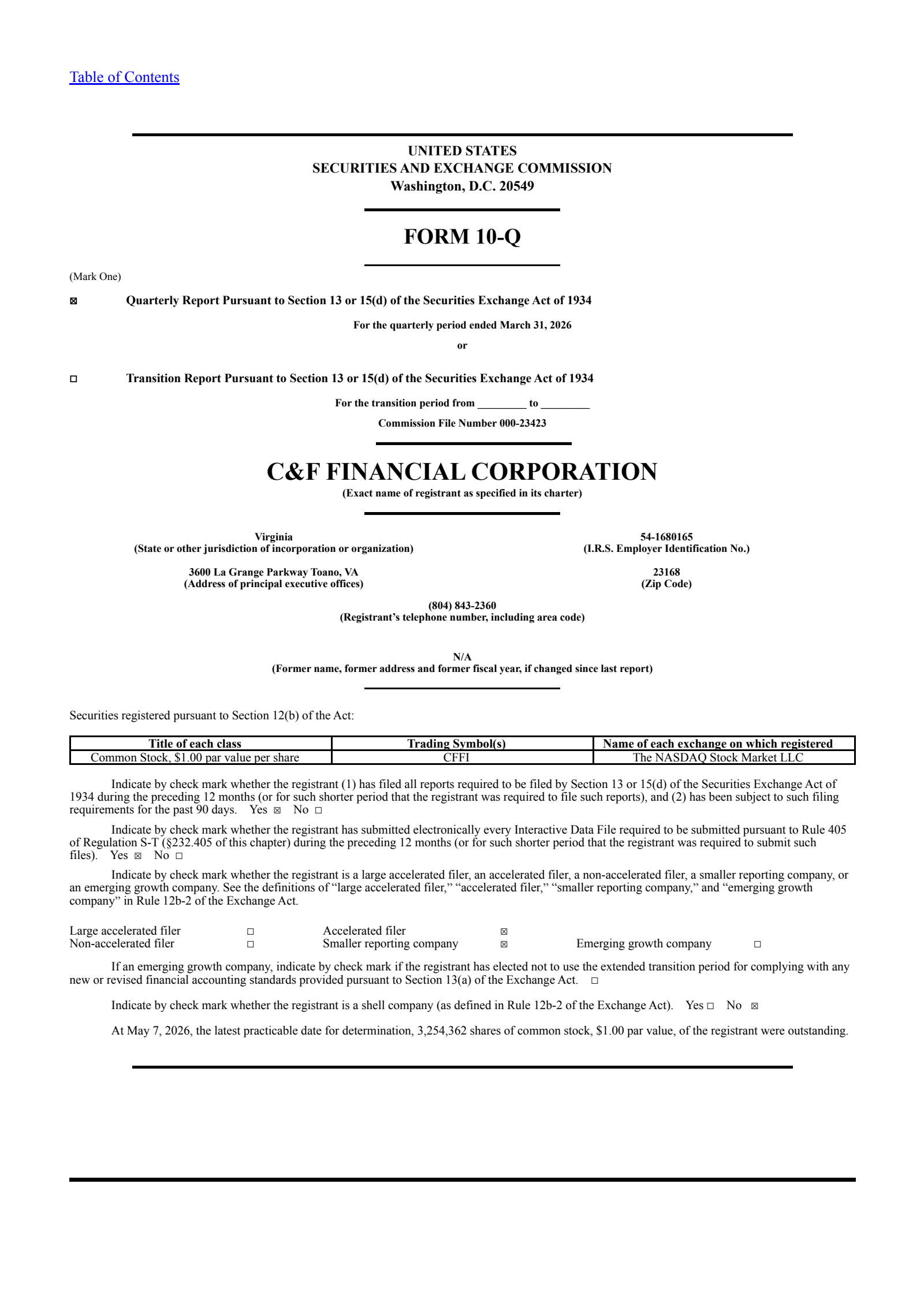 C&F Financial's Q1 2026 Quarterly report