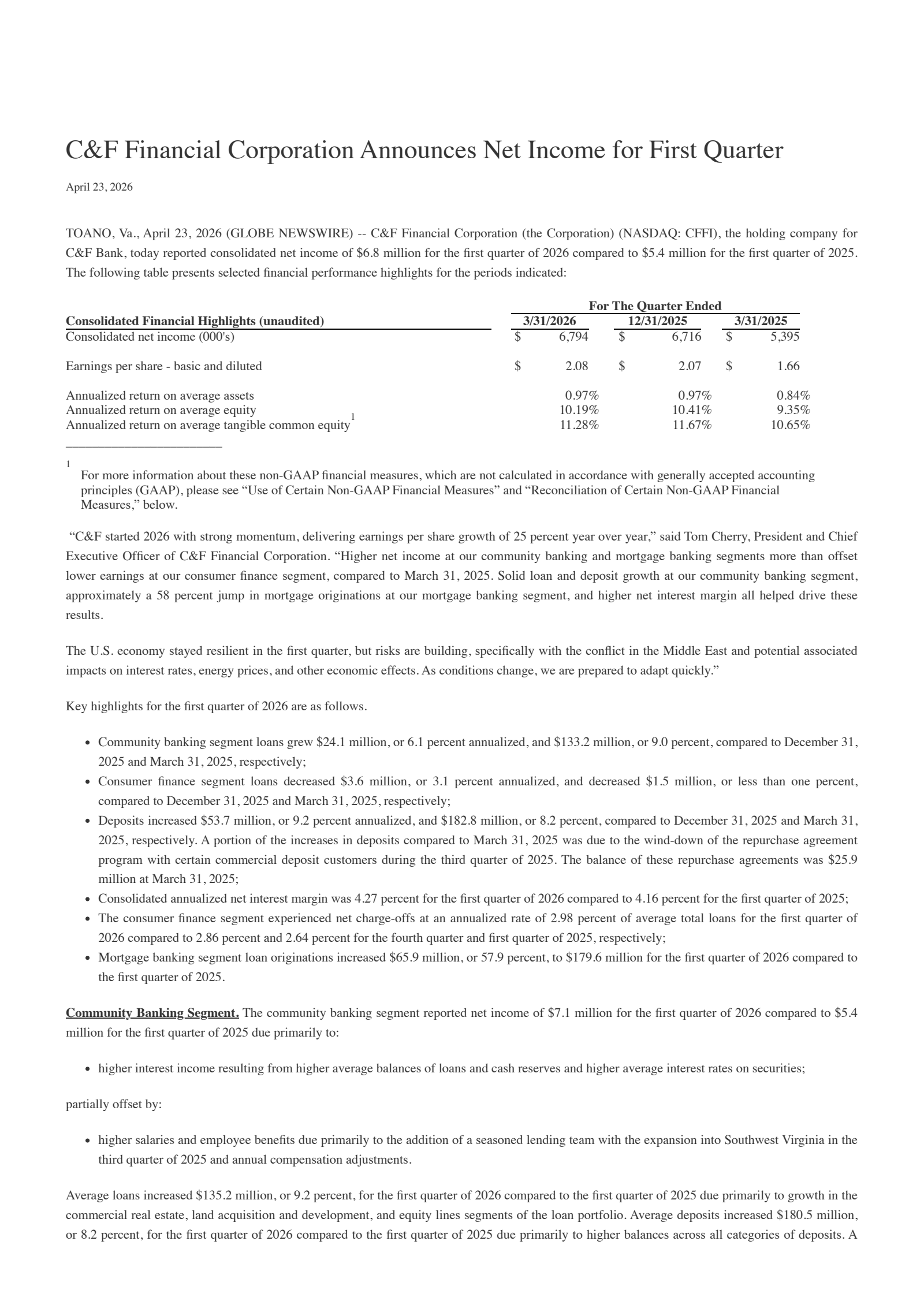 C&F Financial's Q1 2026 Press Release