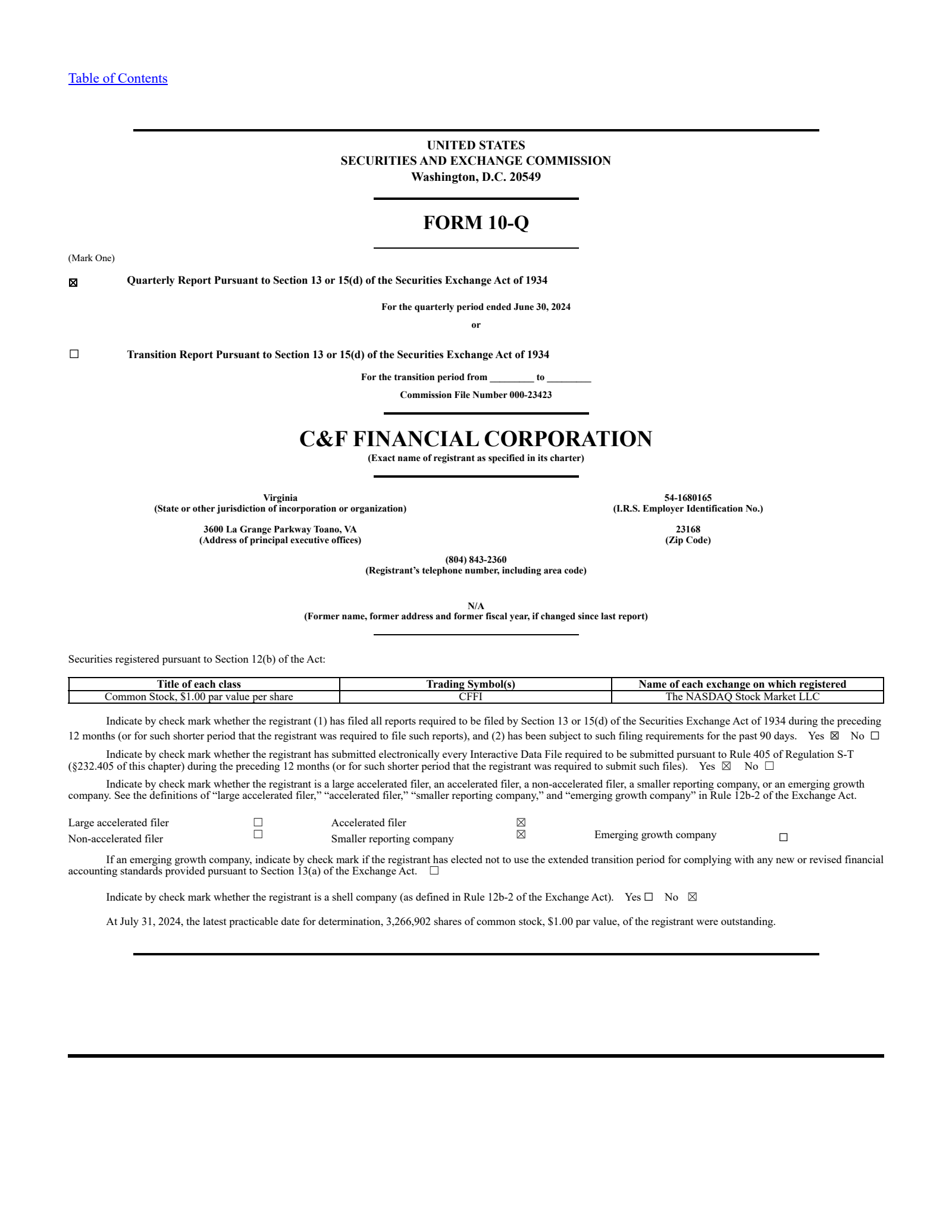 C&F Financial's Q2 2024 Quarterly report