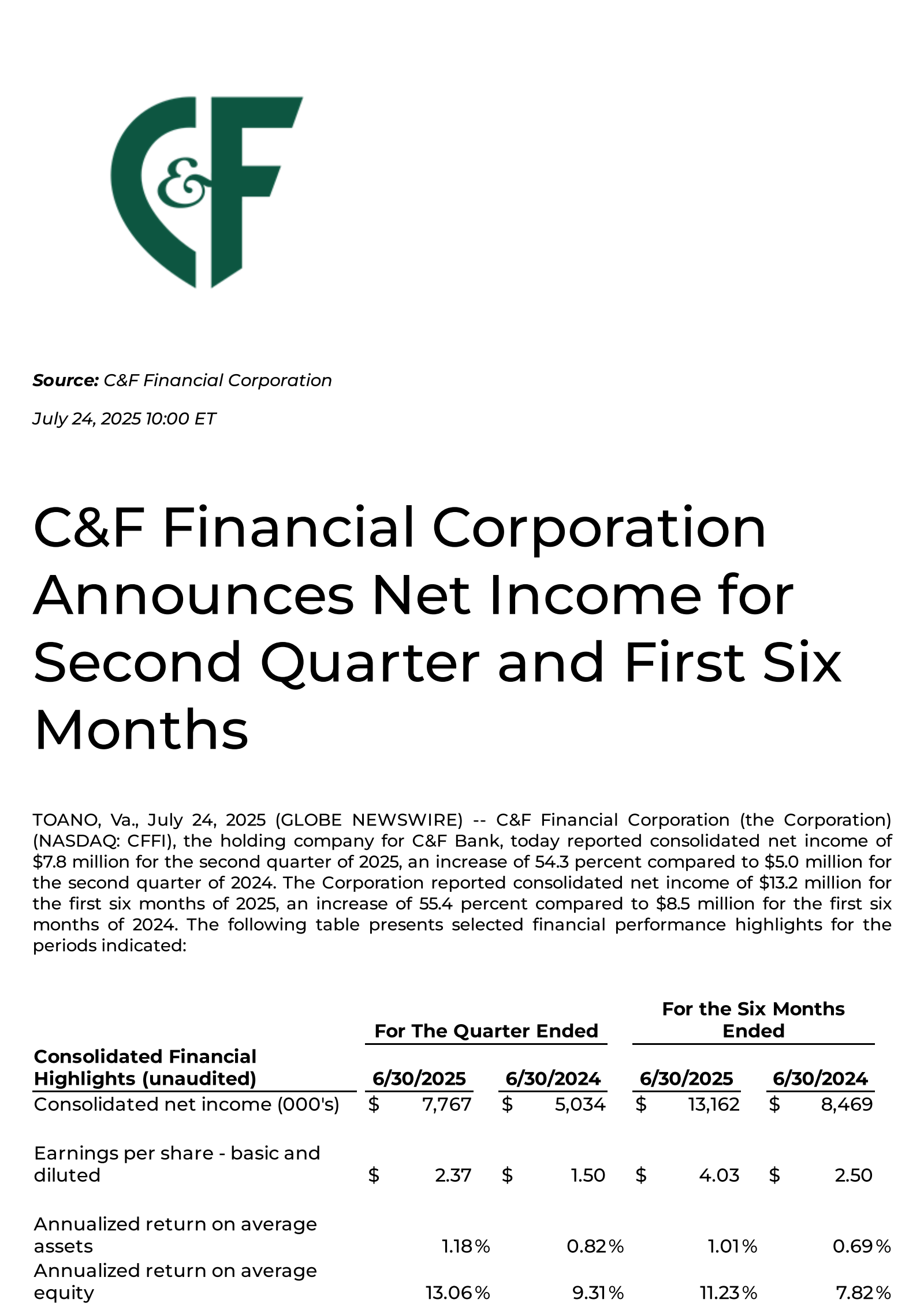 C&F Financial's Q2 2025 Press Release