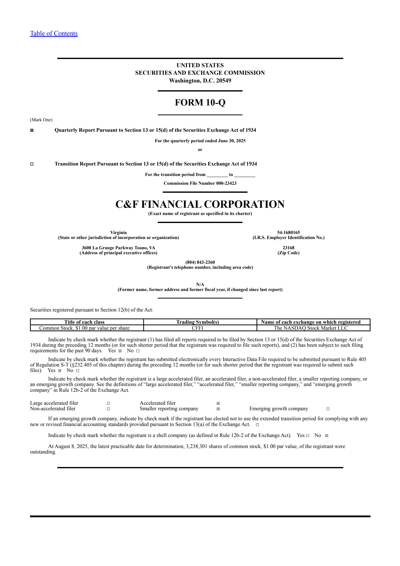 C&F Financial's Q2 2025 Quarterly report