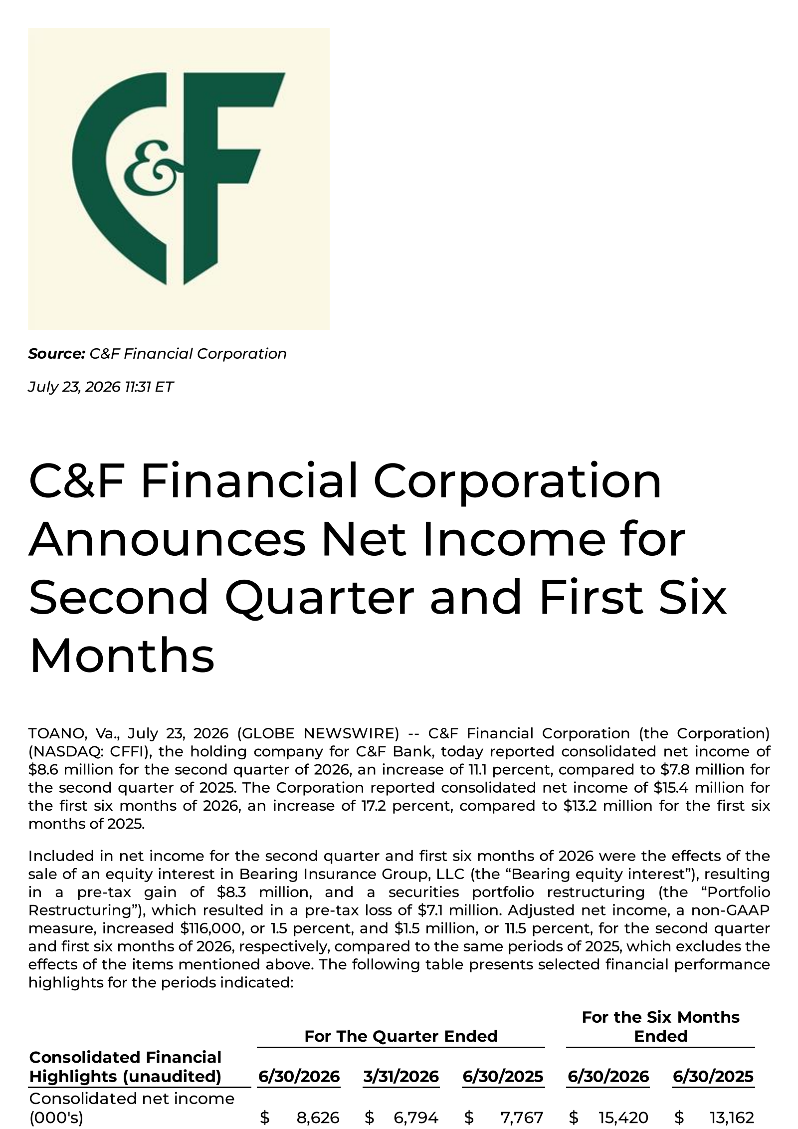 C&F Financial's Q2 2026 Press Release