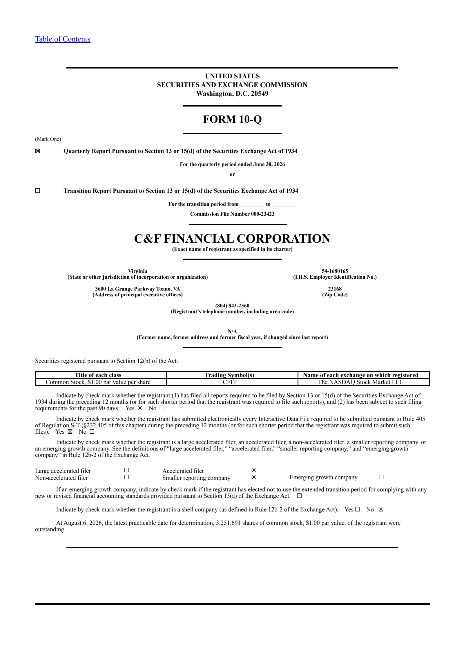 C&F Financial's Q2 2026 Quarterly report