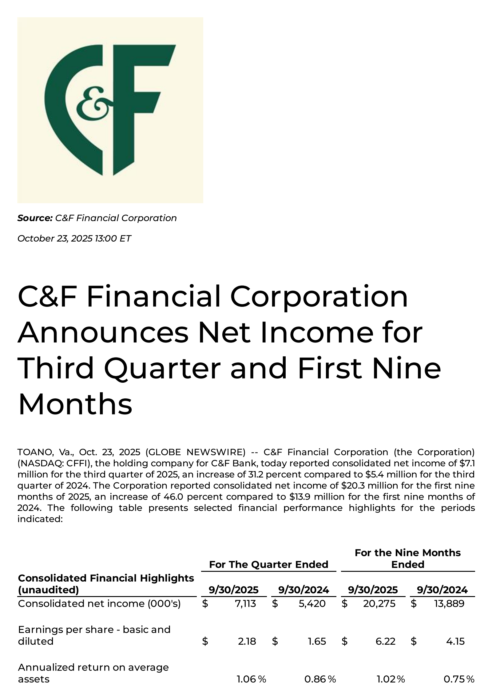 C&F Financial's Q3 2025 Earnings Release