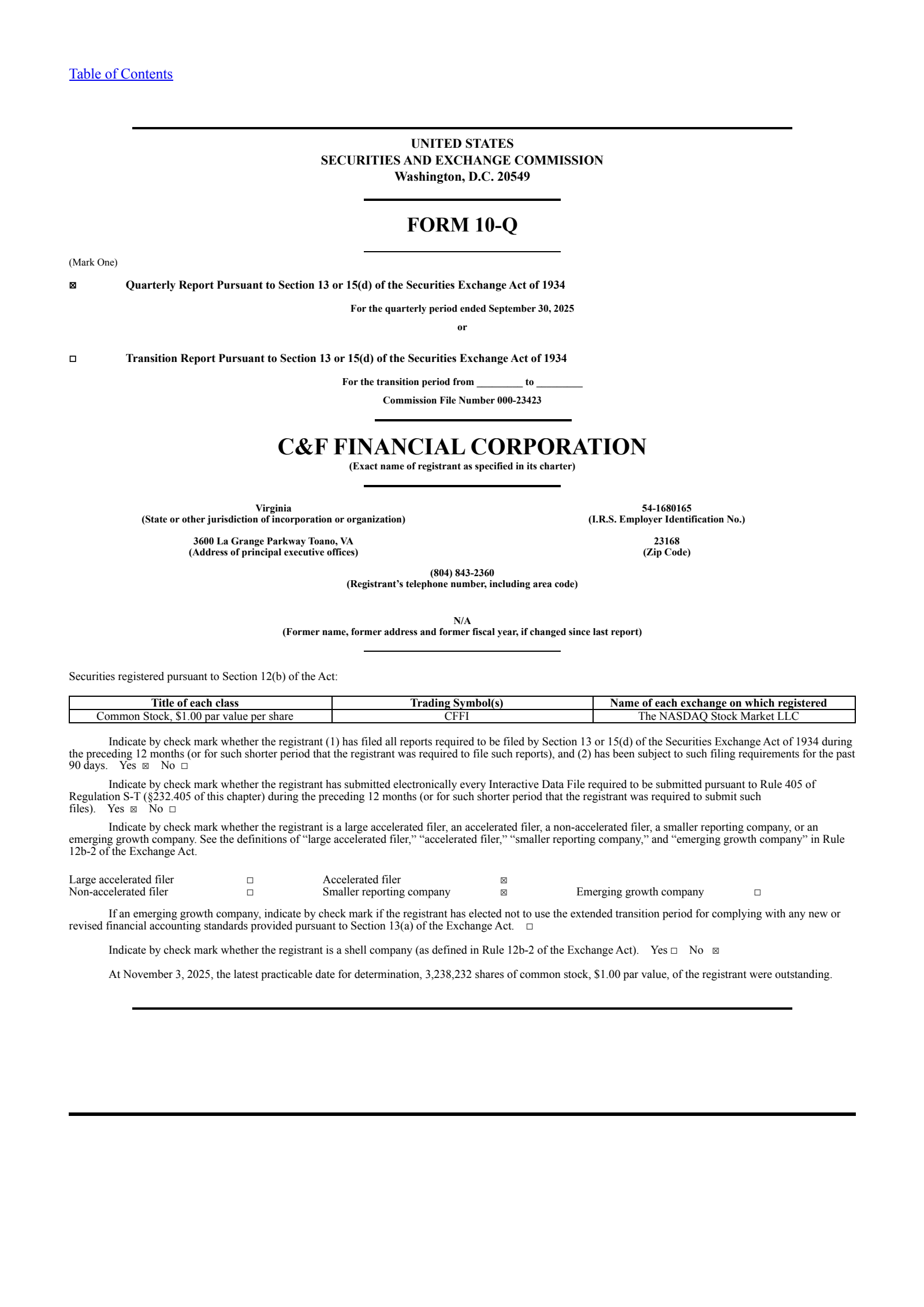 C&F Financial's Q3 2025 Quarterly Report