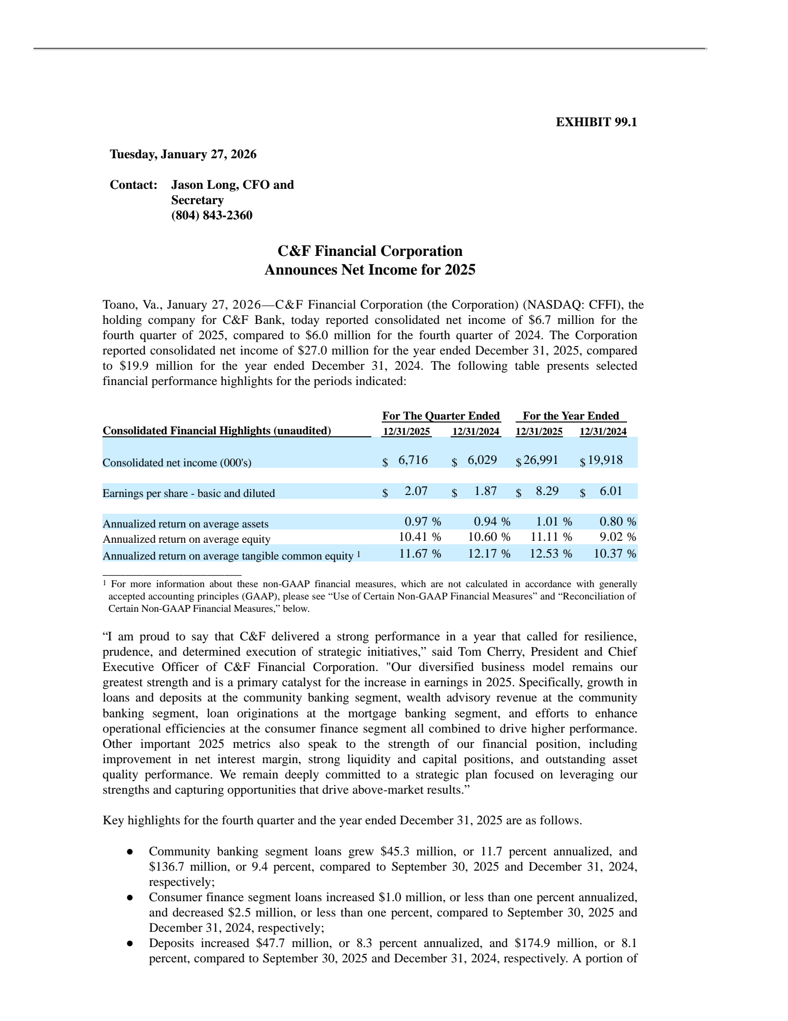 C&F Financial's Q4 2025 Press Release