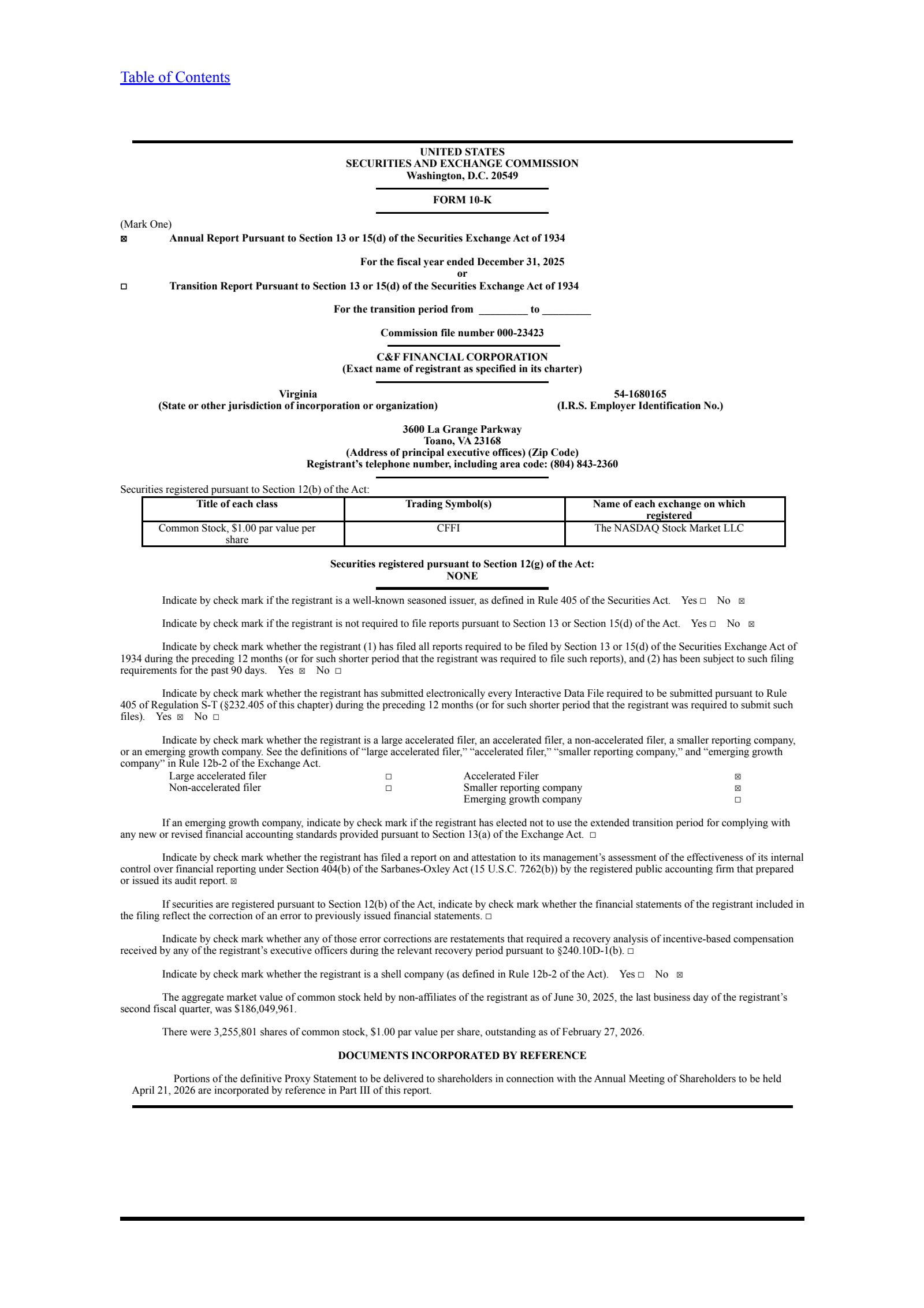 C&F Financial's Q4 2025 Annual report
