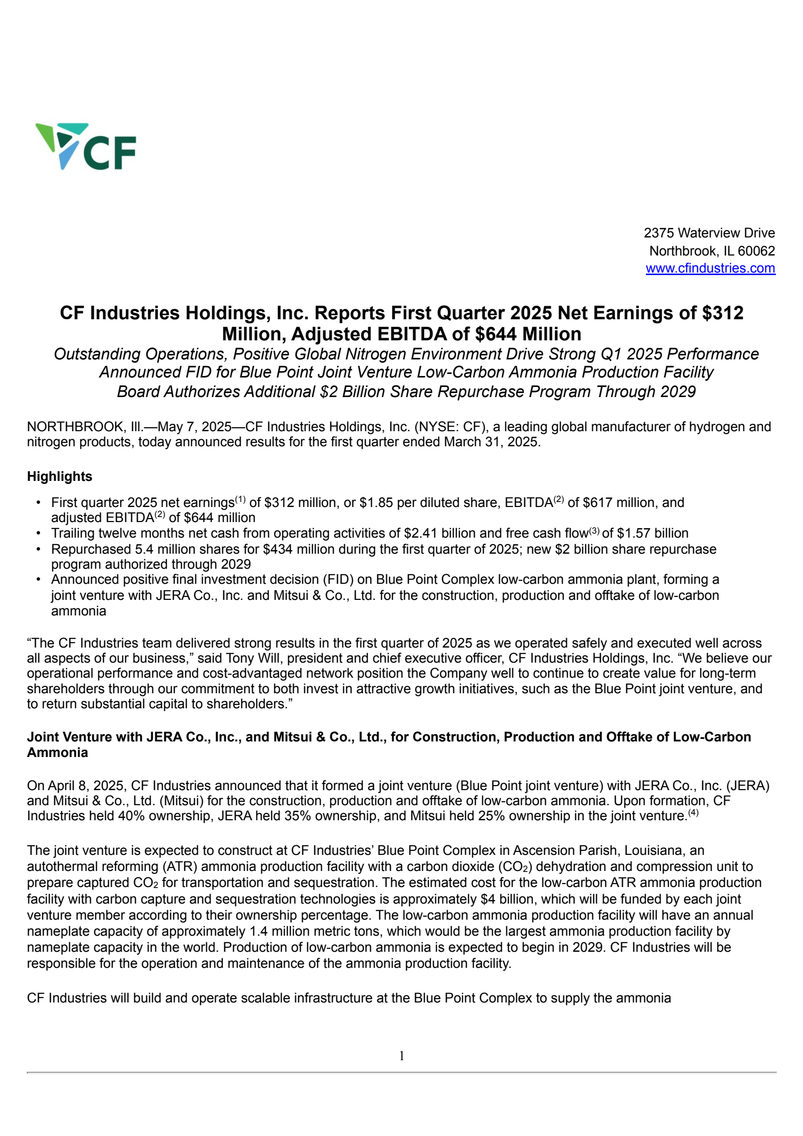 CF Industries' Q1 2025 Press Release