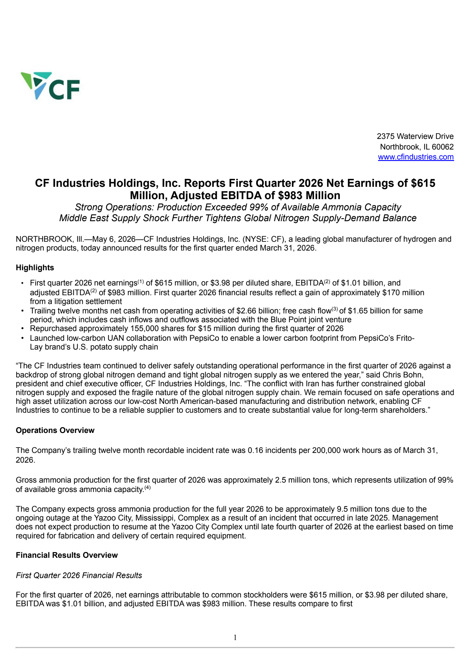 CF Industries' Q1 2026 Press Release