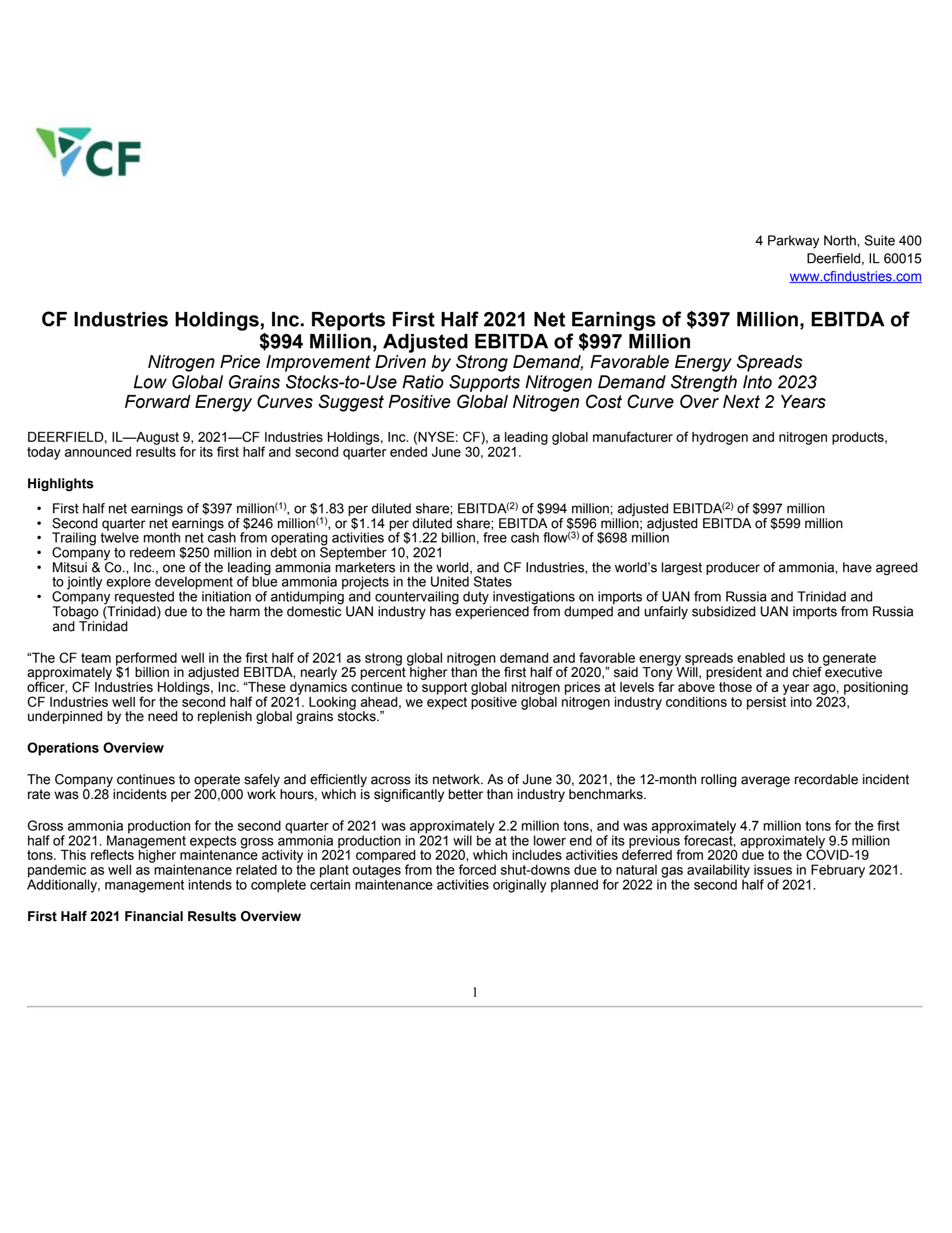 CF Industries' Q2 2021 Earnings Release