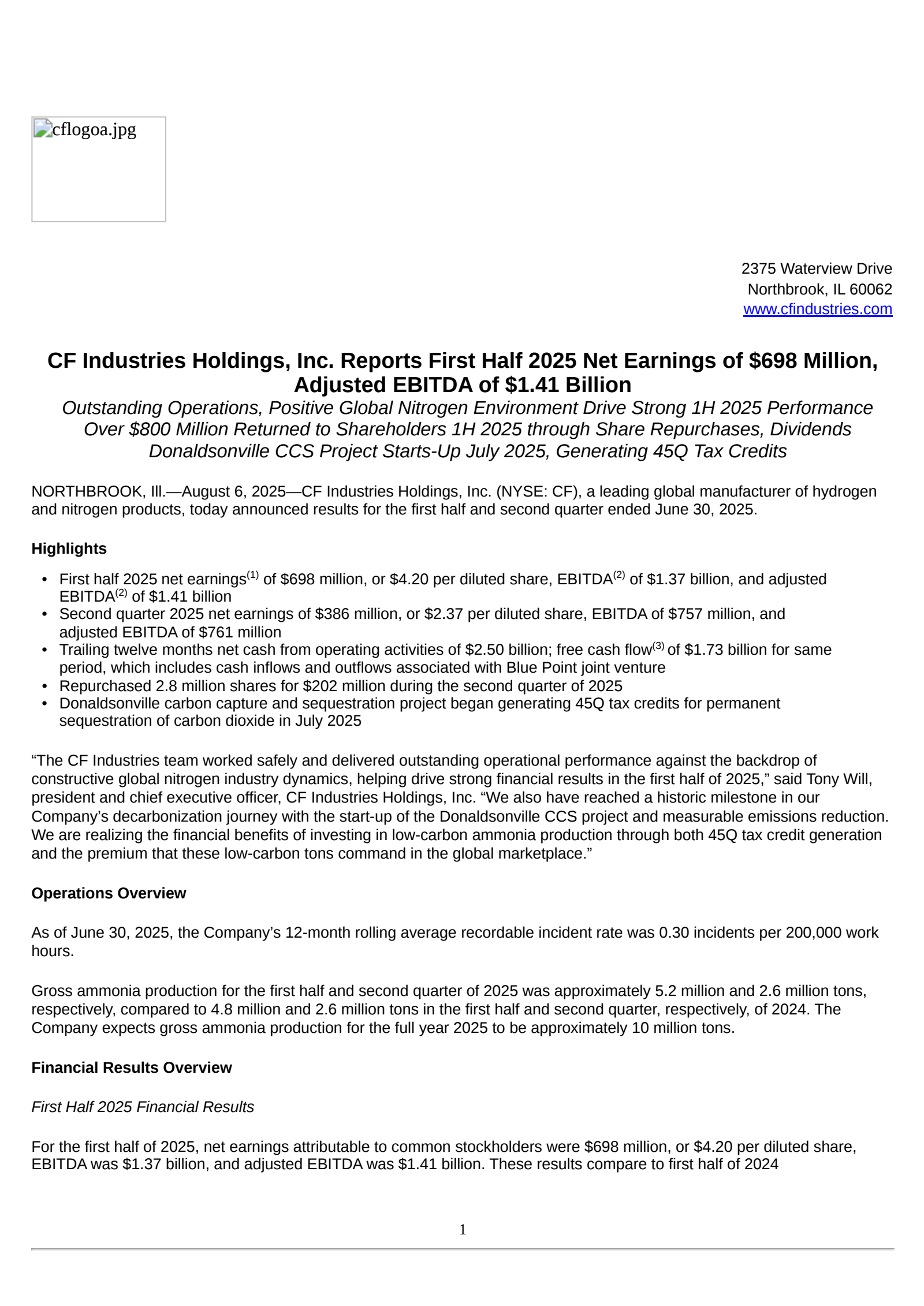 CF Industries' Q2 2025 Press Release