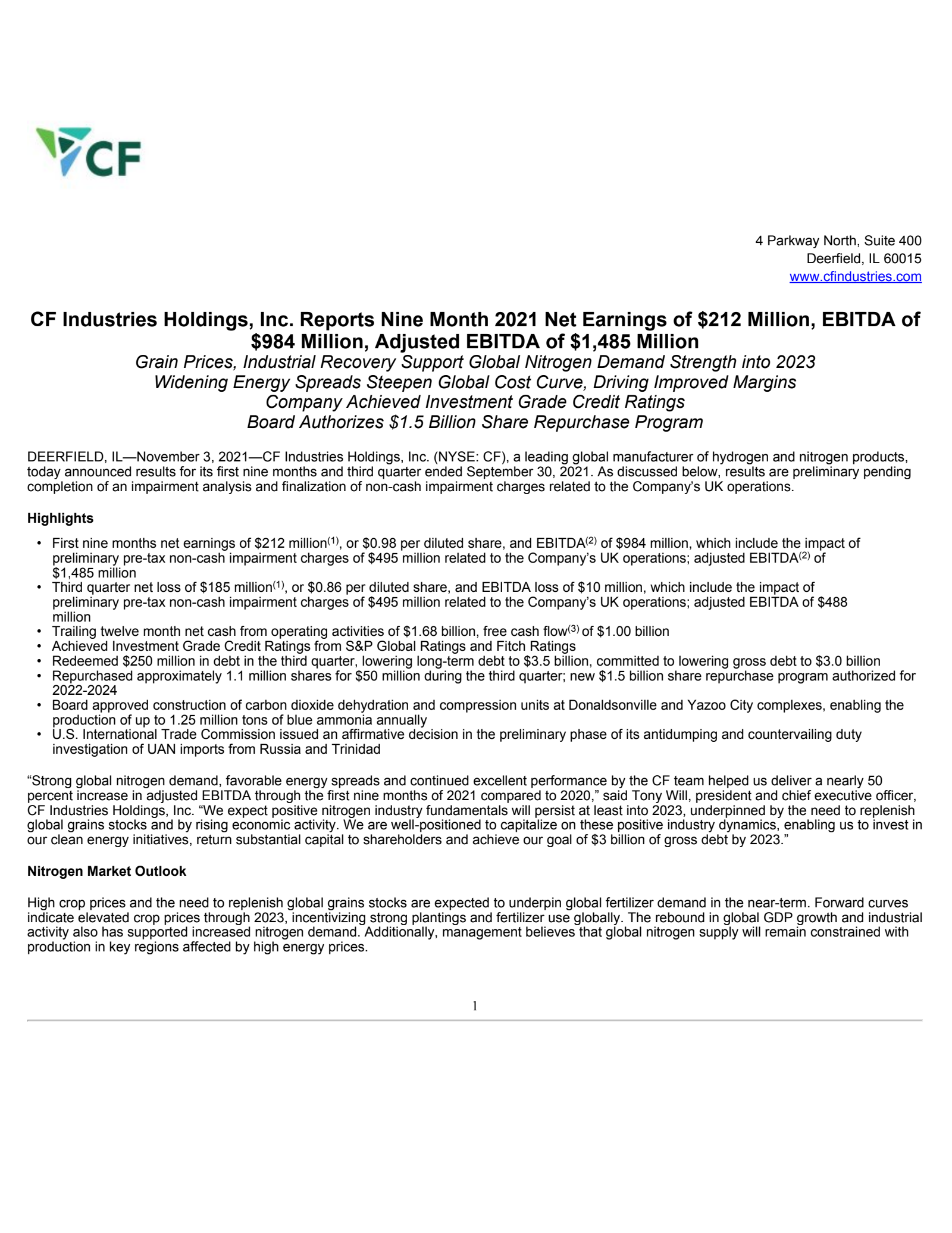 CF Industries' Q3 2021 Earnings Release