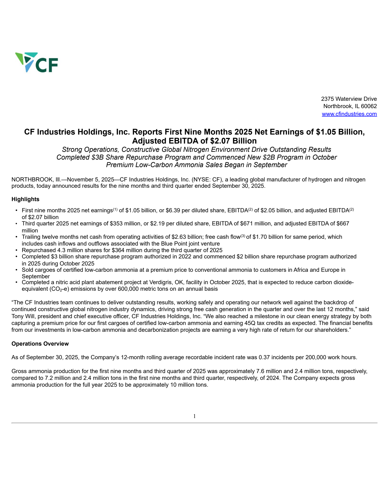CF Industries' Q3 2025 Earnings Release