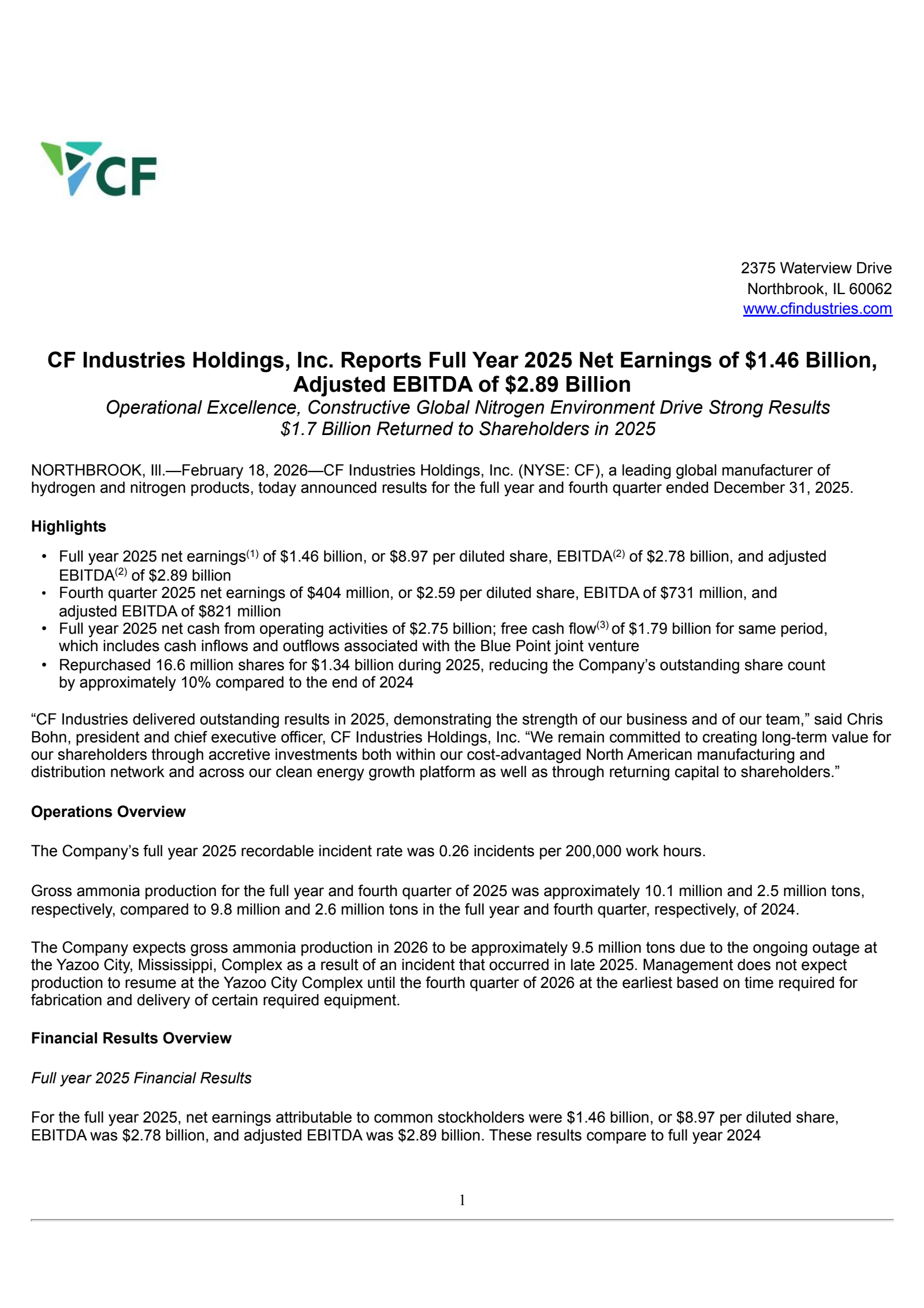 CF Industries' Q4 2025 Press Release