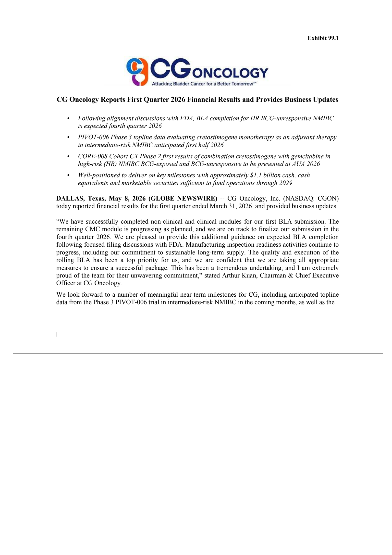CG Oncology's Q1 2026 Press Release
