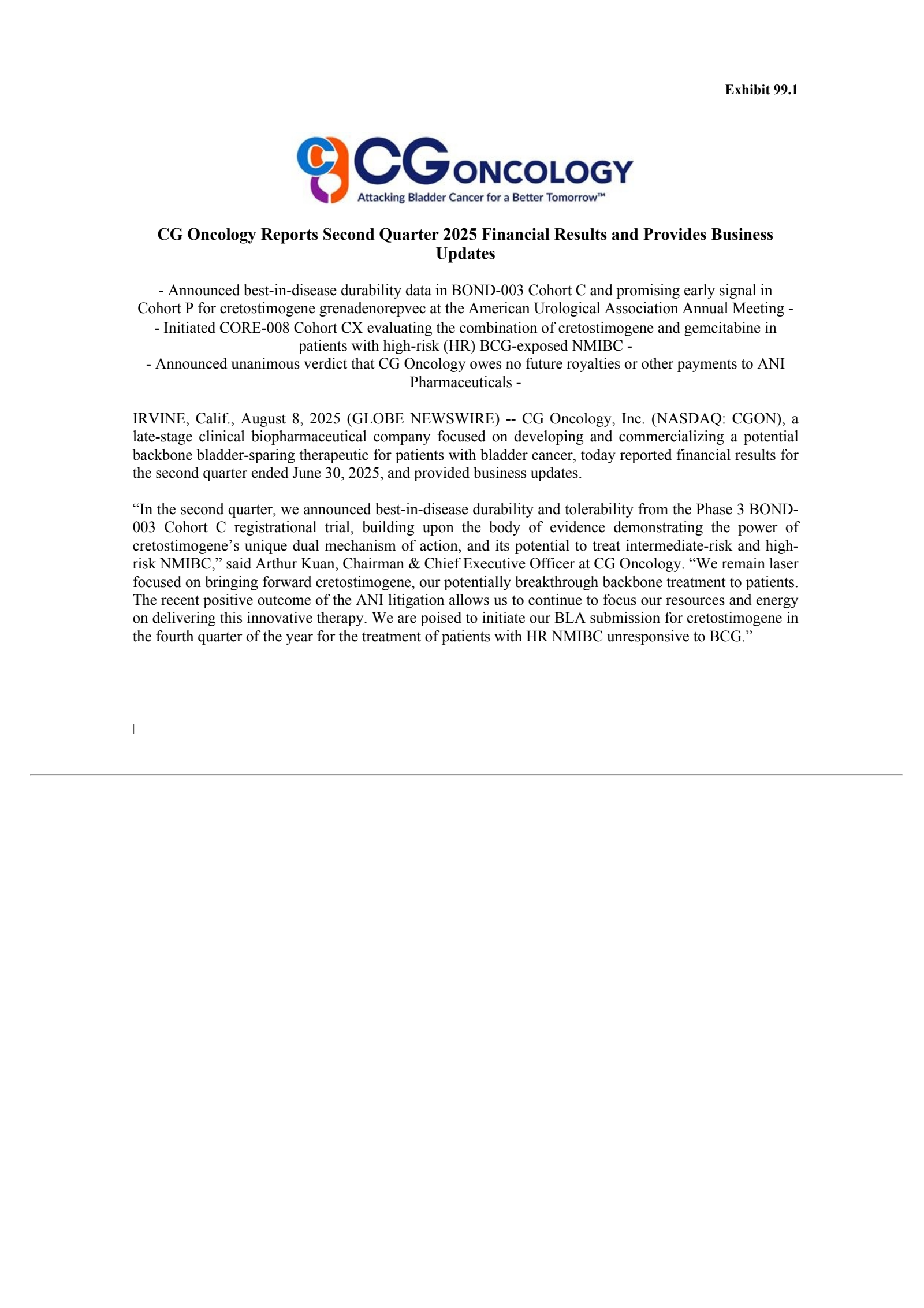 CG Oncology's Q2 2025 Press Release