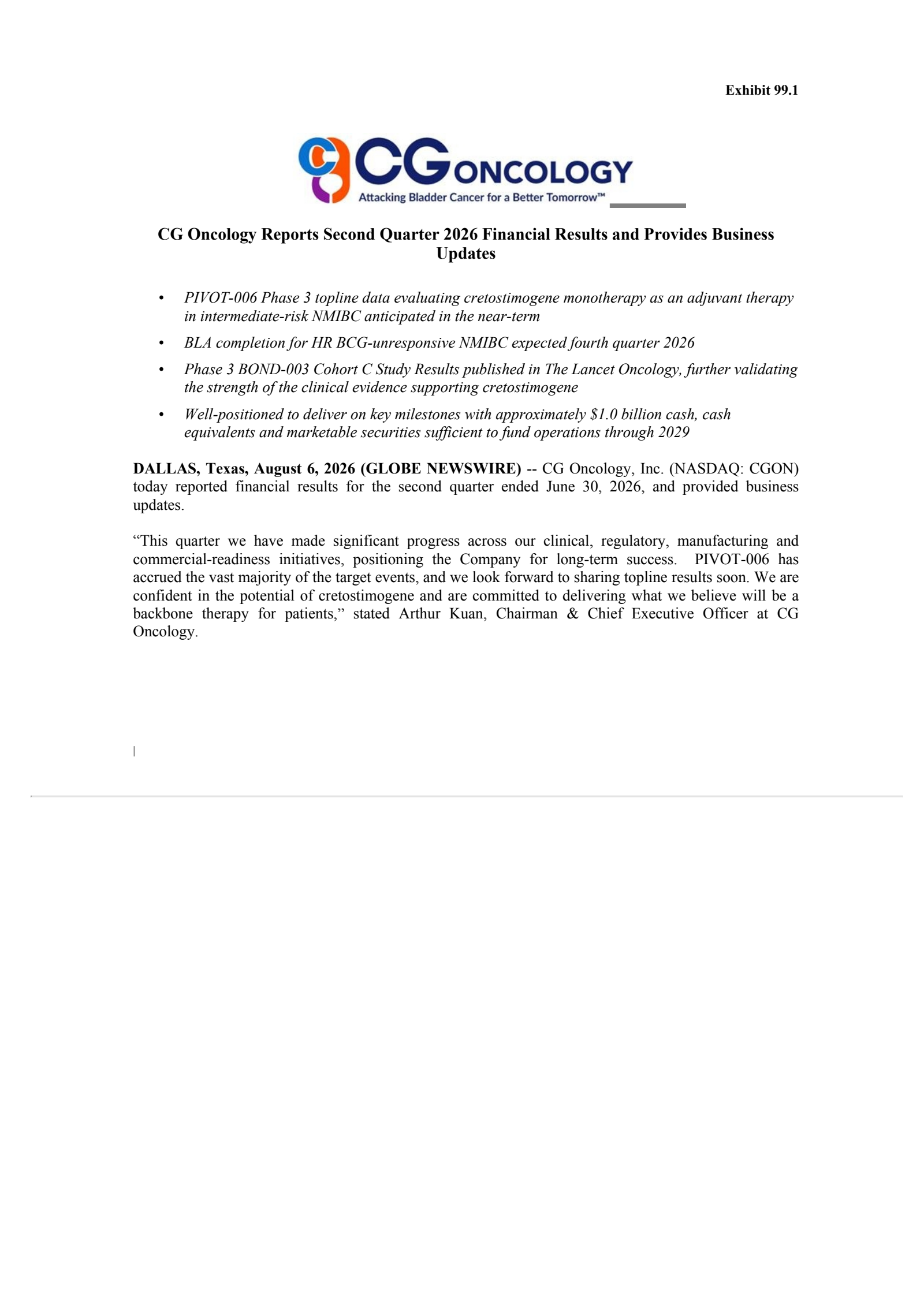 CG Oncology's Q2 2026 Press Release