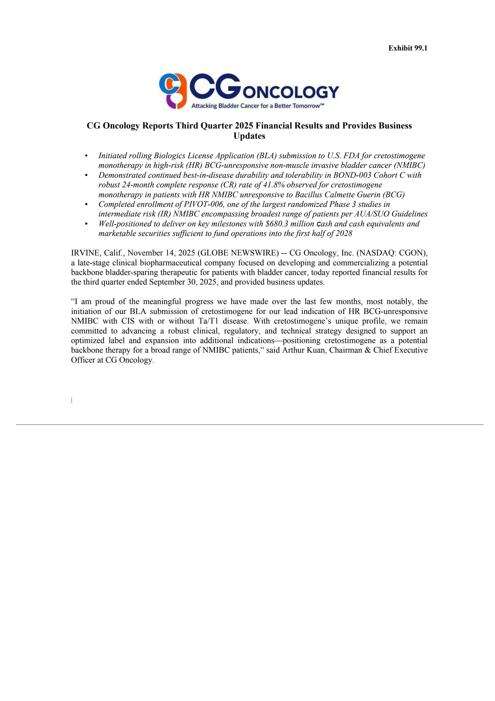 CG Oncology's Q3 2025 Earnings Release