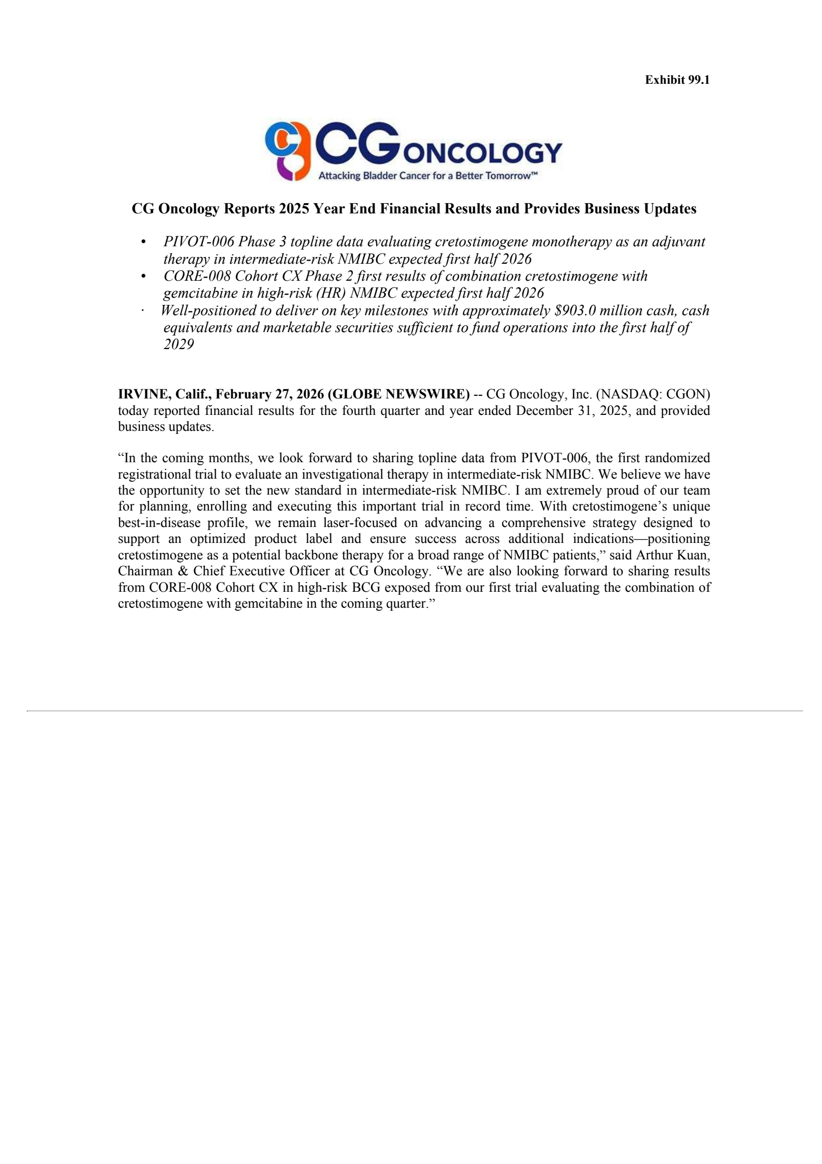 CG Oncology's Q4 2025 Press Release