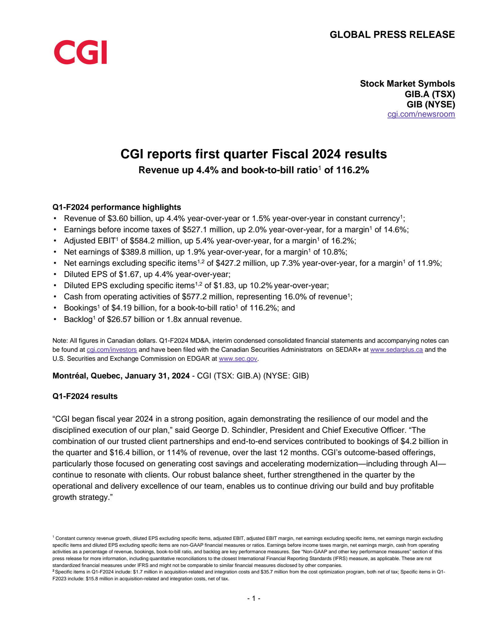 CGI's Q1 2024 Press Release