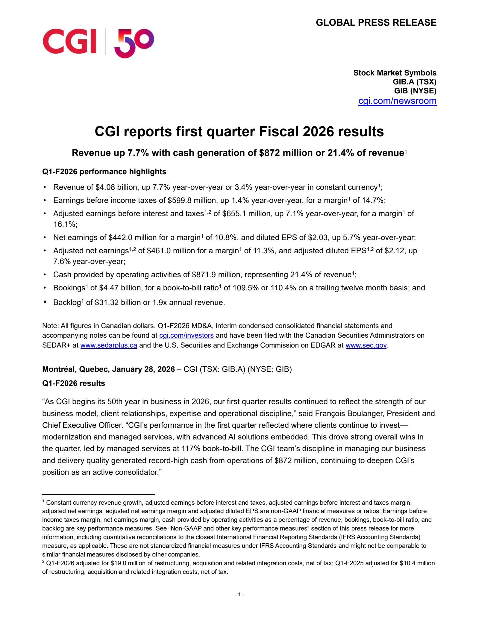 CGI Group's Q1 2026 Press Release