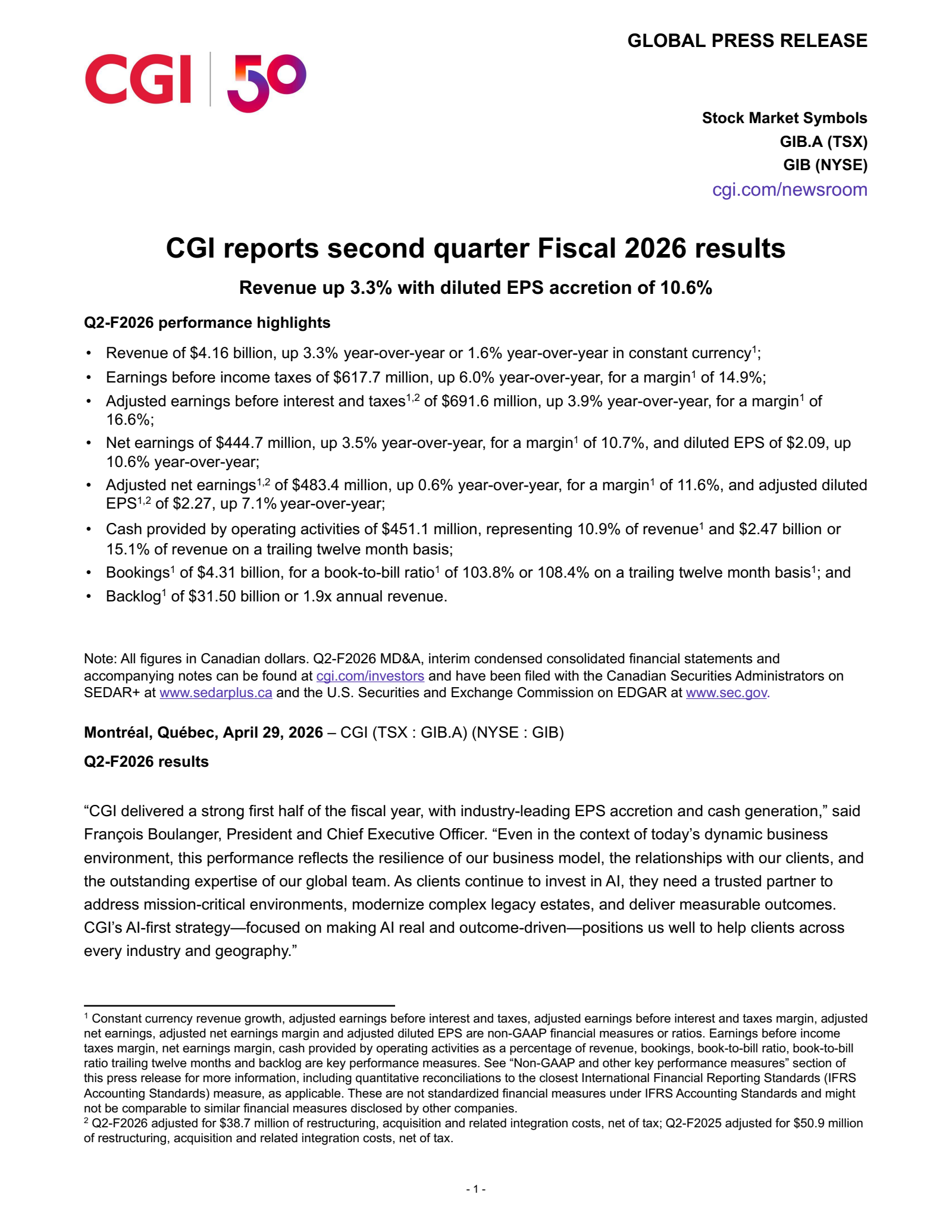 CGI Group's Q2 2026 Press Release