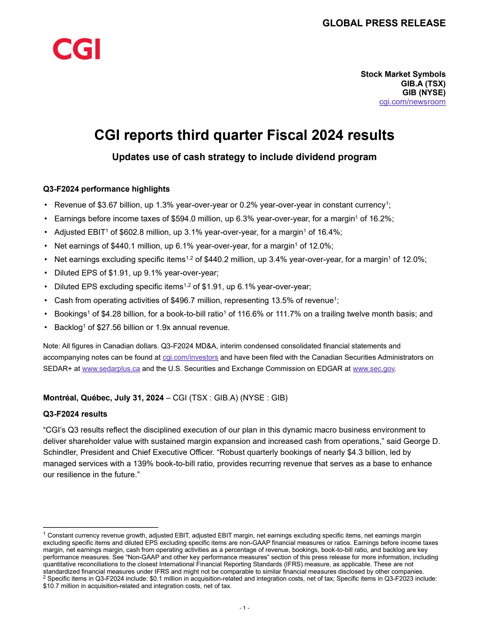 CGI's Q3 2024 Press Release