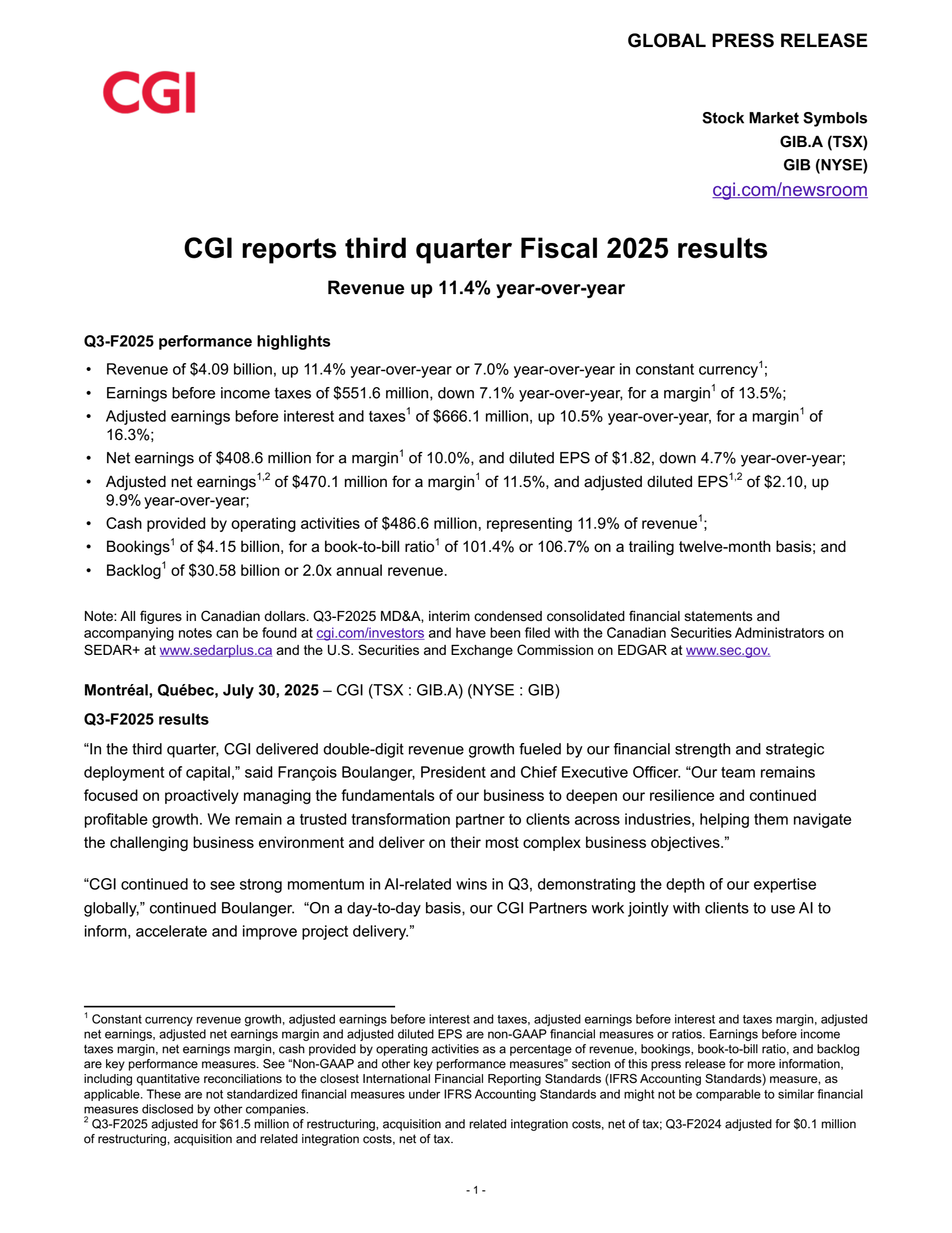 CGI Group's Q3 2025 Press Release