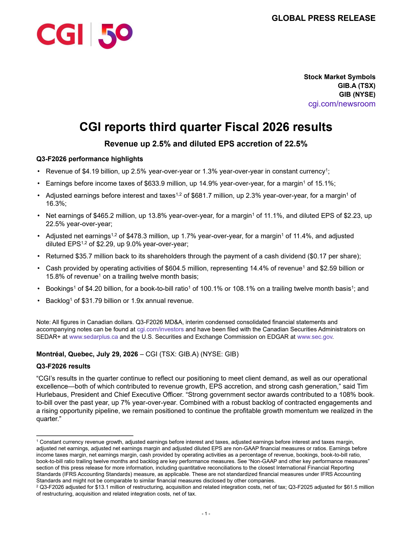 CGI Group's Q3 2026 Press Release
