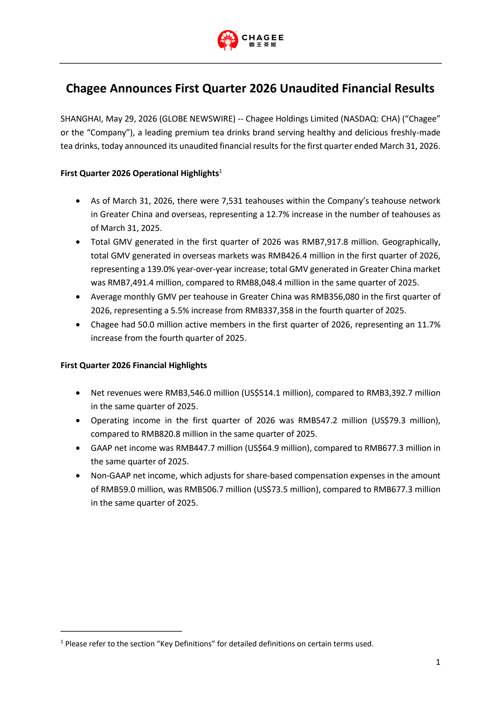 Chagee's Q1 2026 Press Release