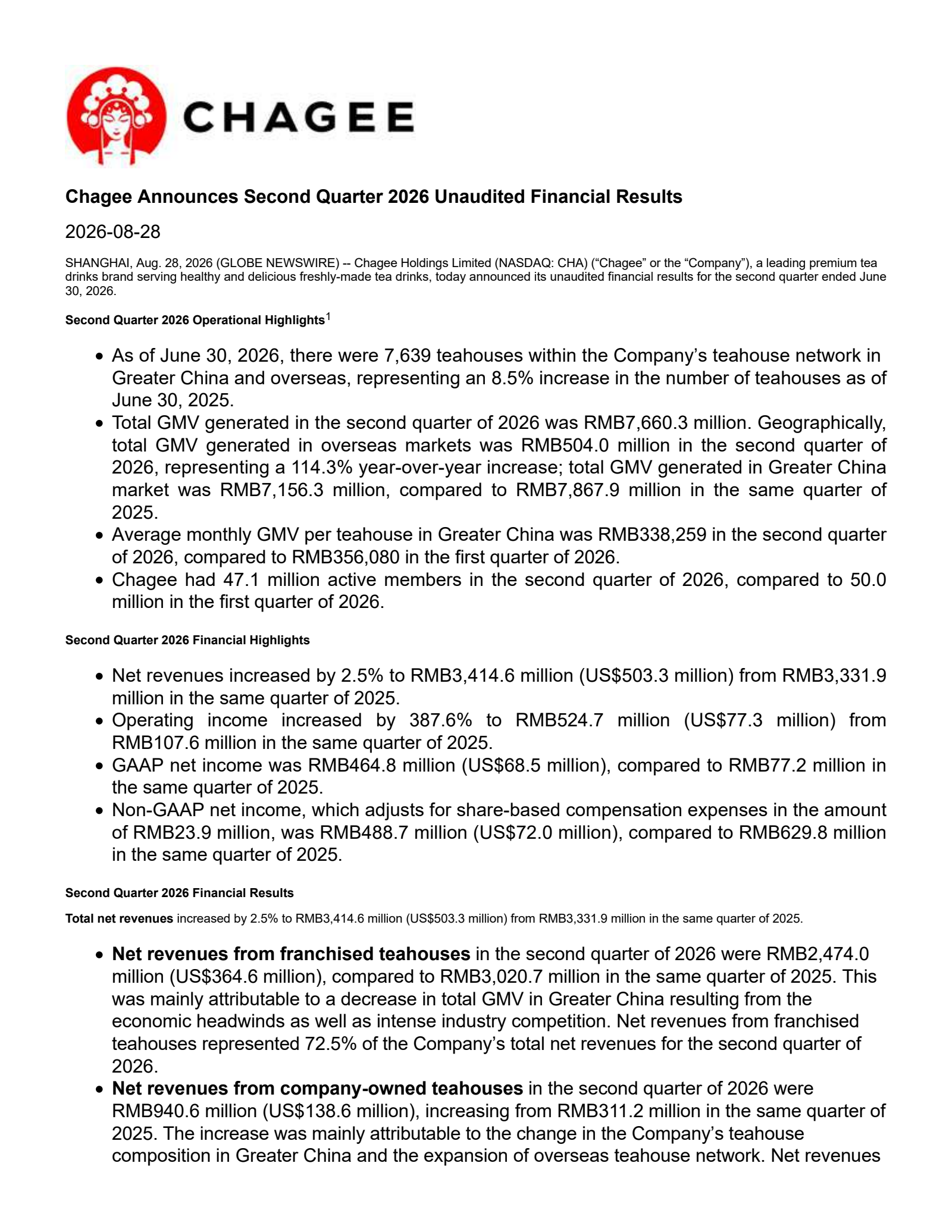 Chagee's Q2 2026 Press Release