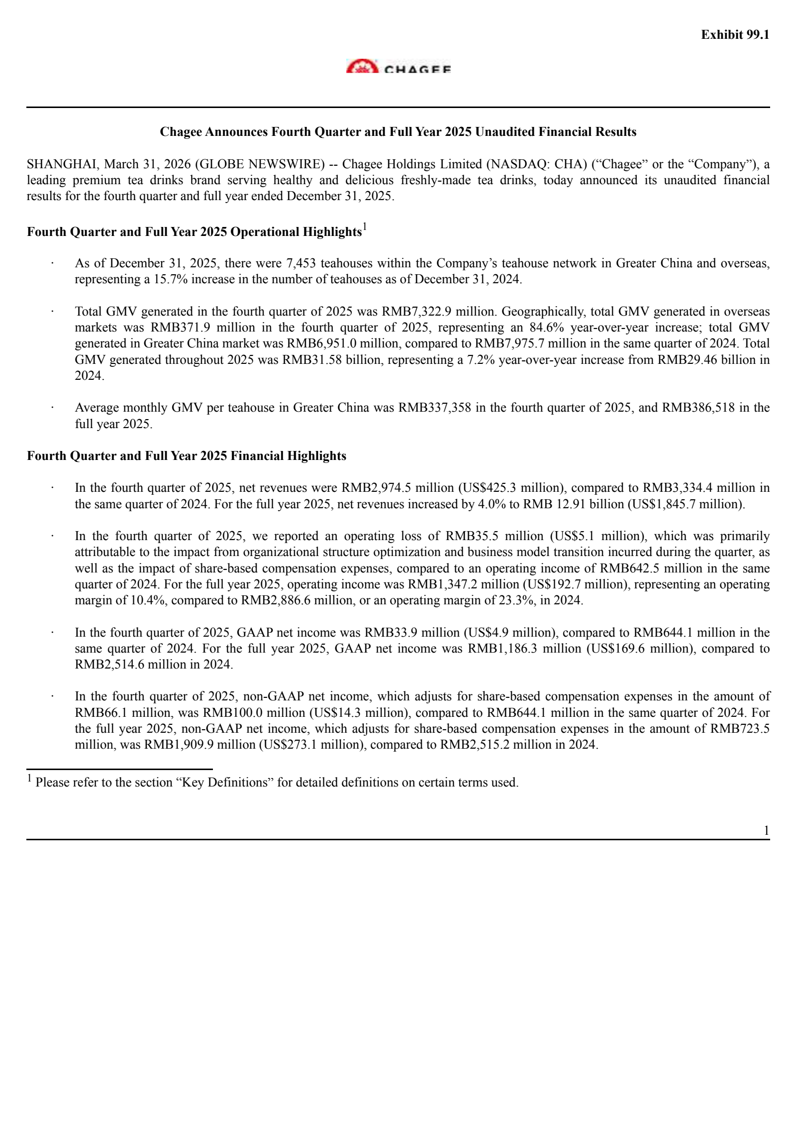 Chagee's Q4 2025 Press Release