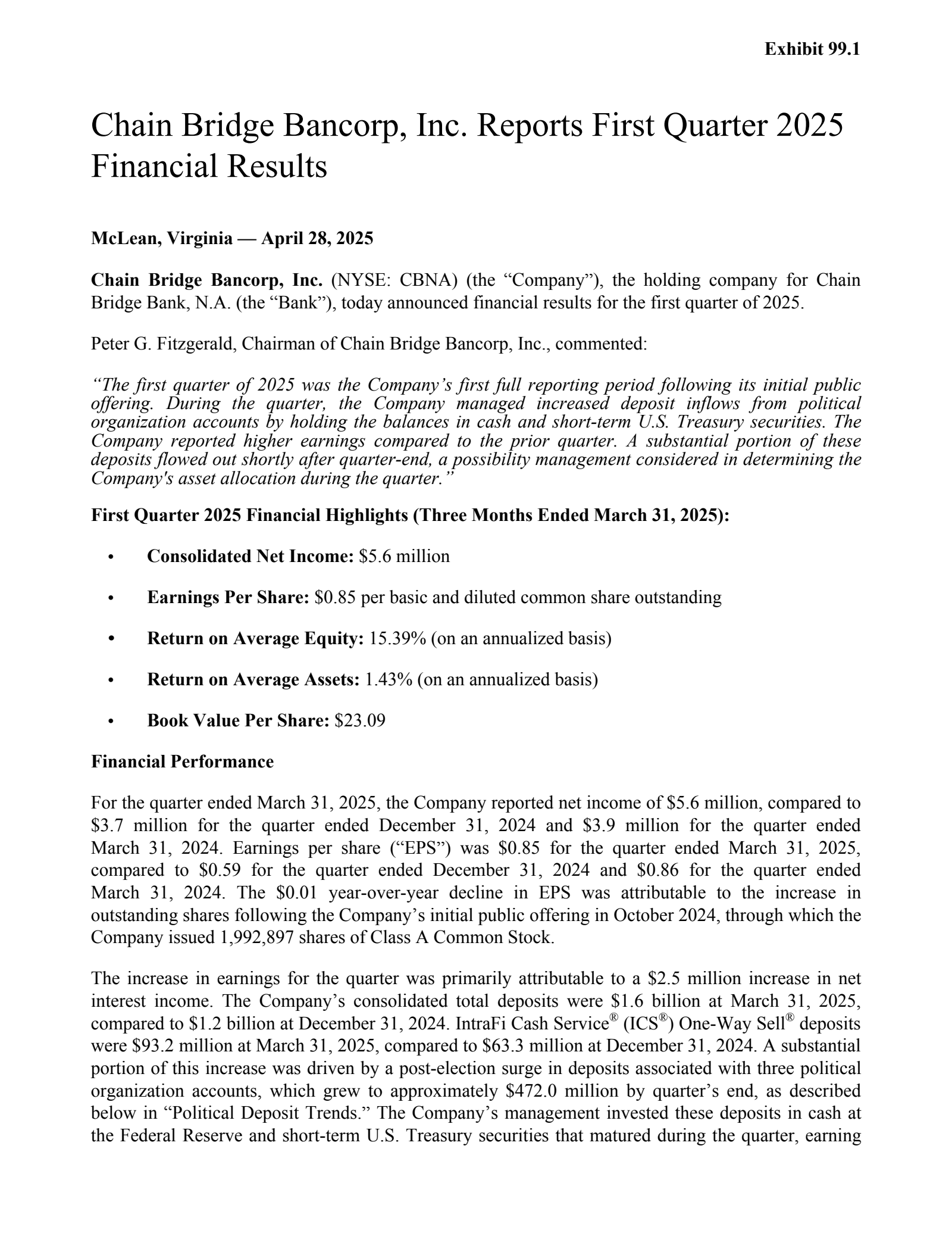 Chain Bridge Bancorp's Q1 2025 Press Release