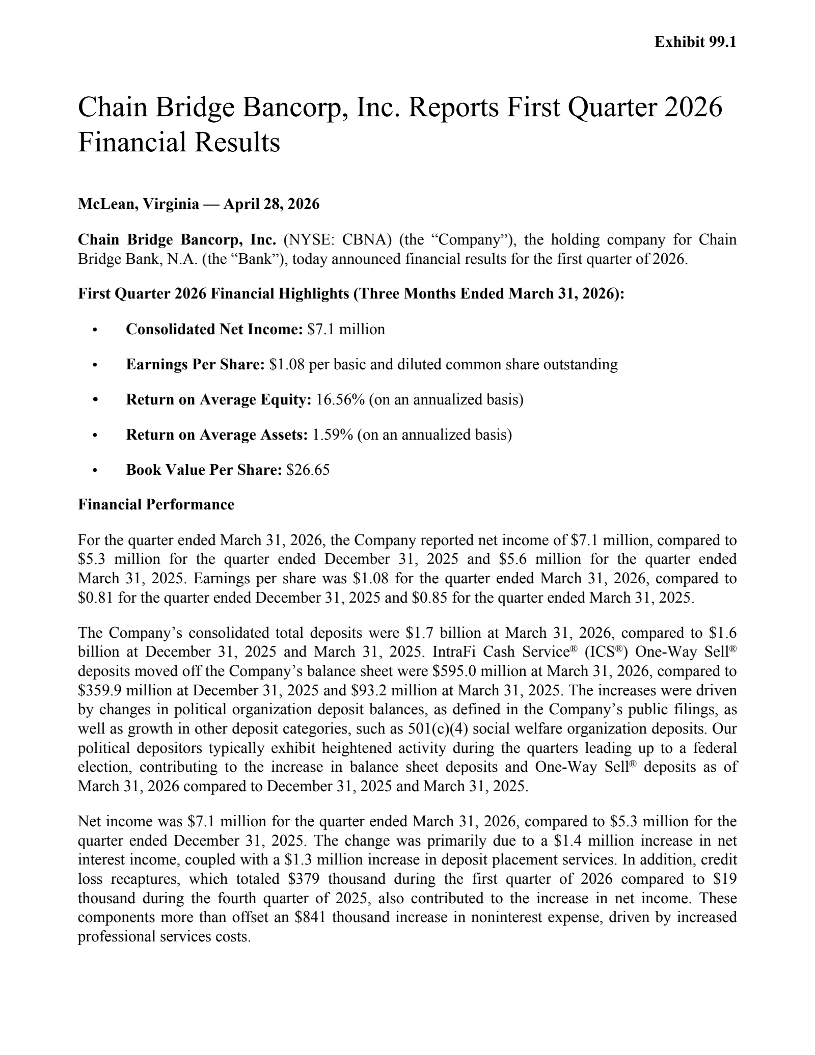 Chain Bridge Bancorp's Q1 2026 Press Release