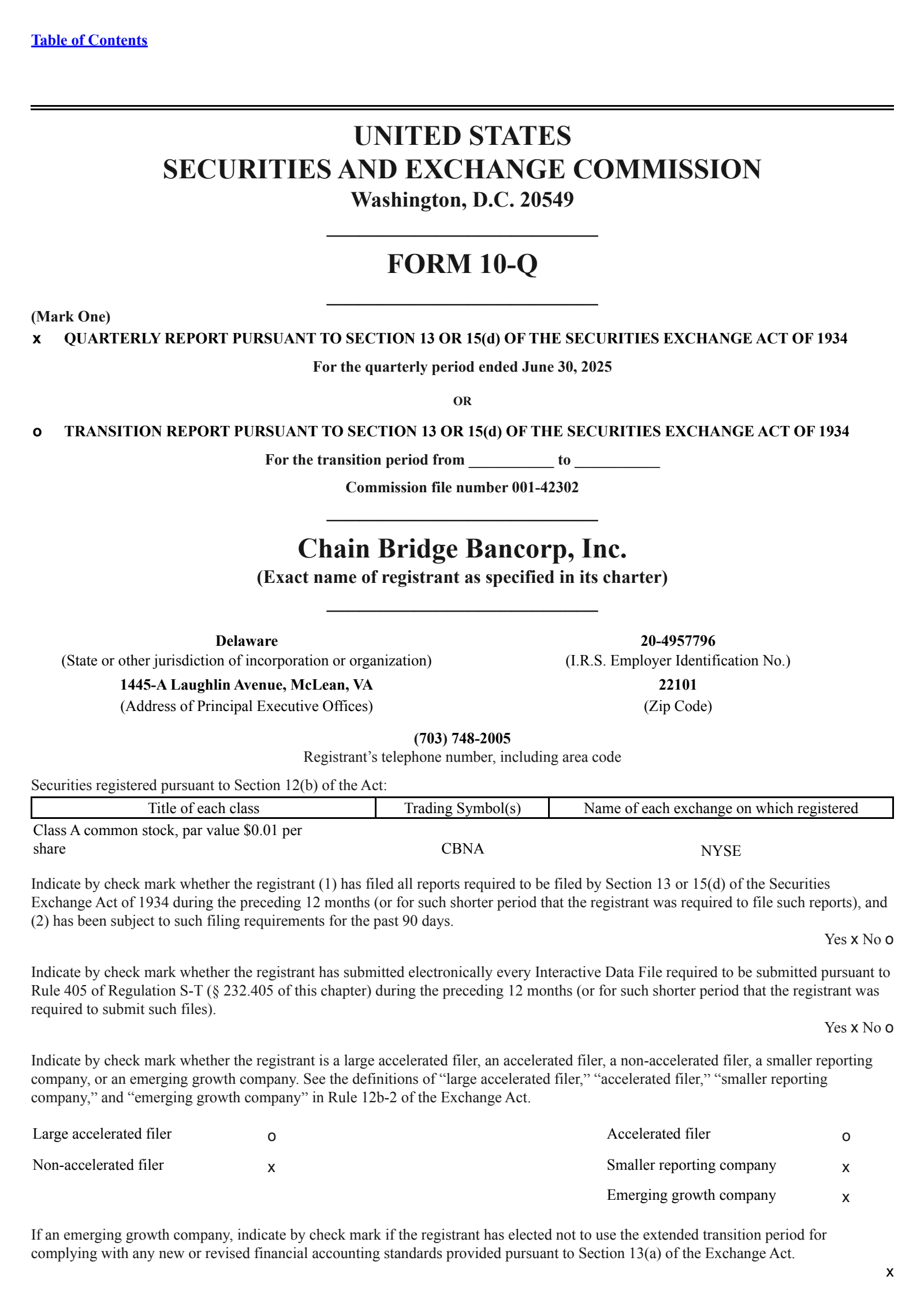 Chain Bridge Bancorp's Q2 2025 Quarterly report