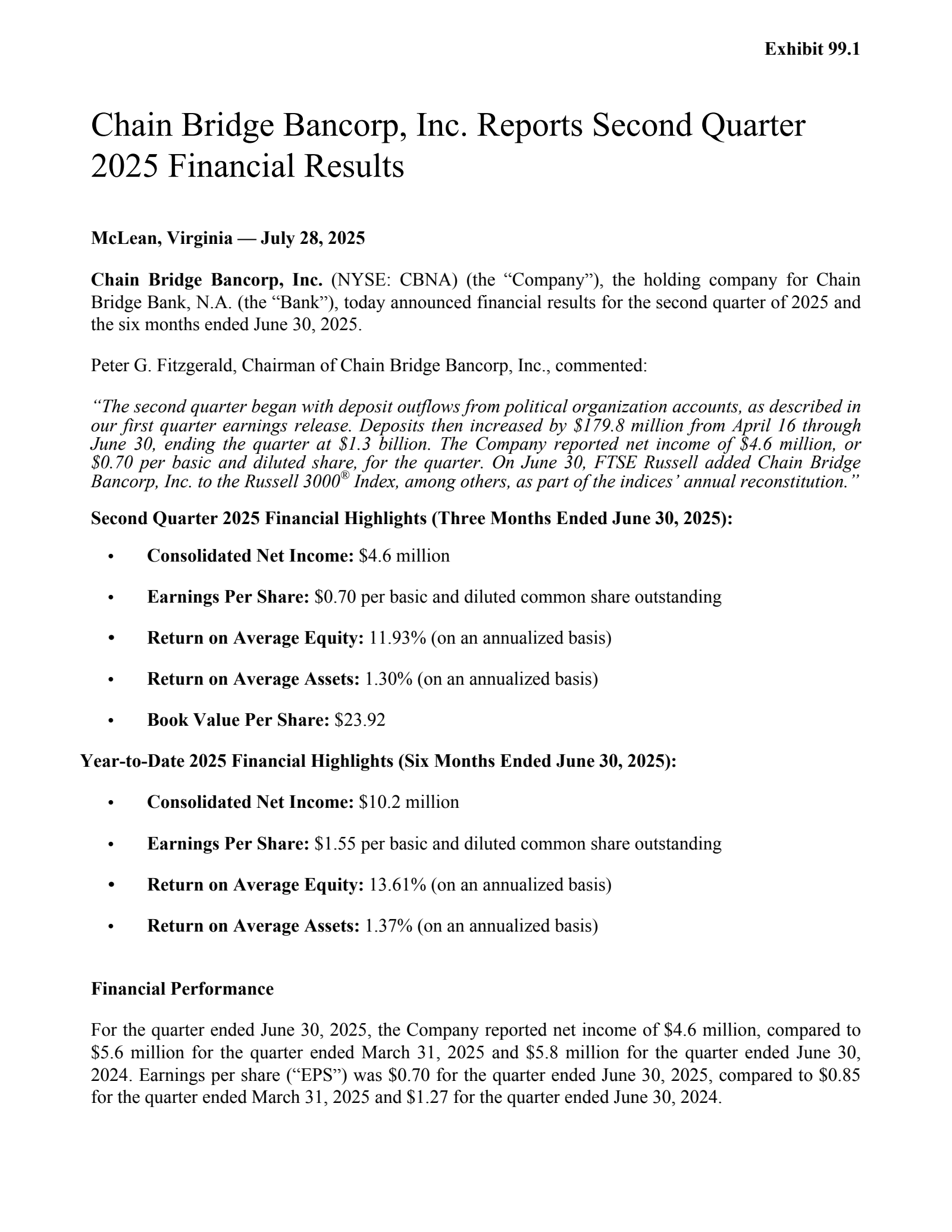 Chain Bridge Bancorp's Q2 2025 Press Release