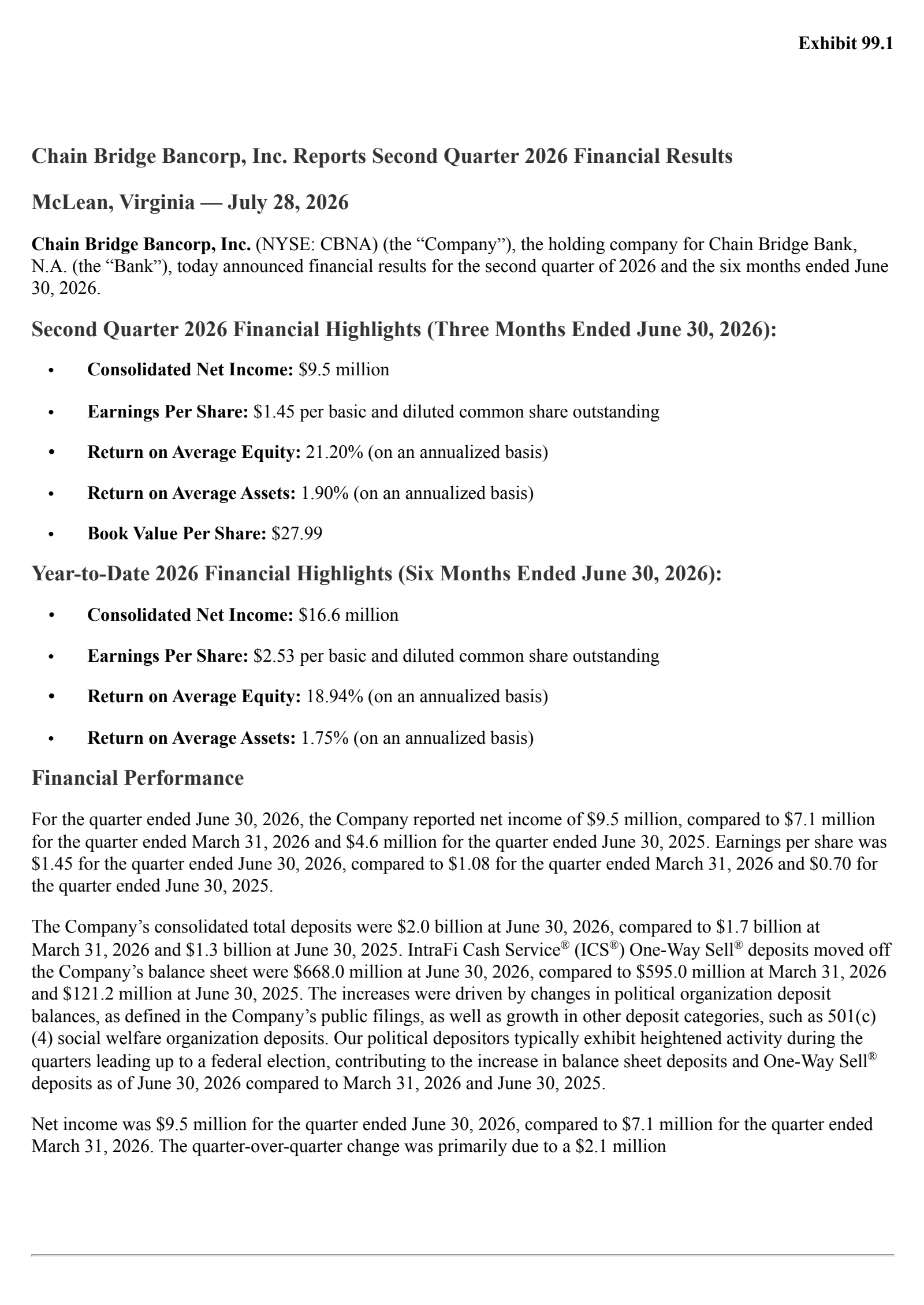 Chain Bridge Bancorp's Q2 2026 Press Release