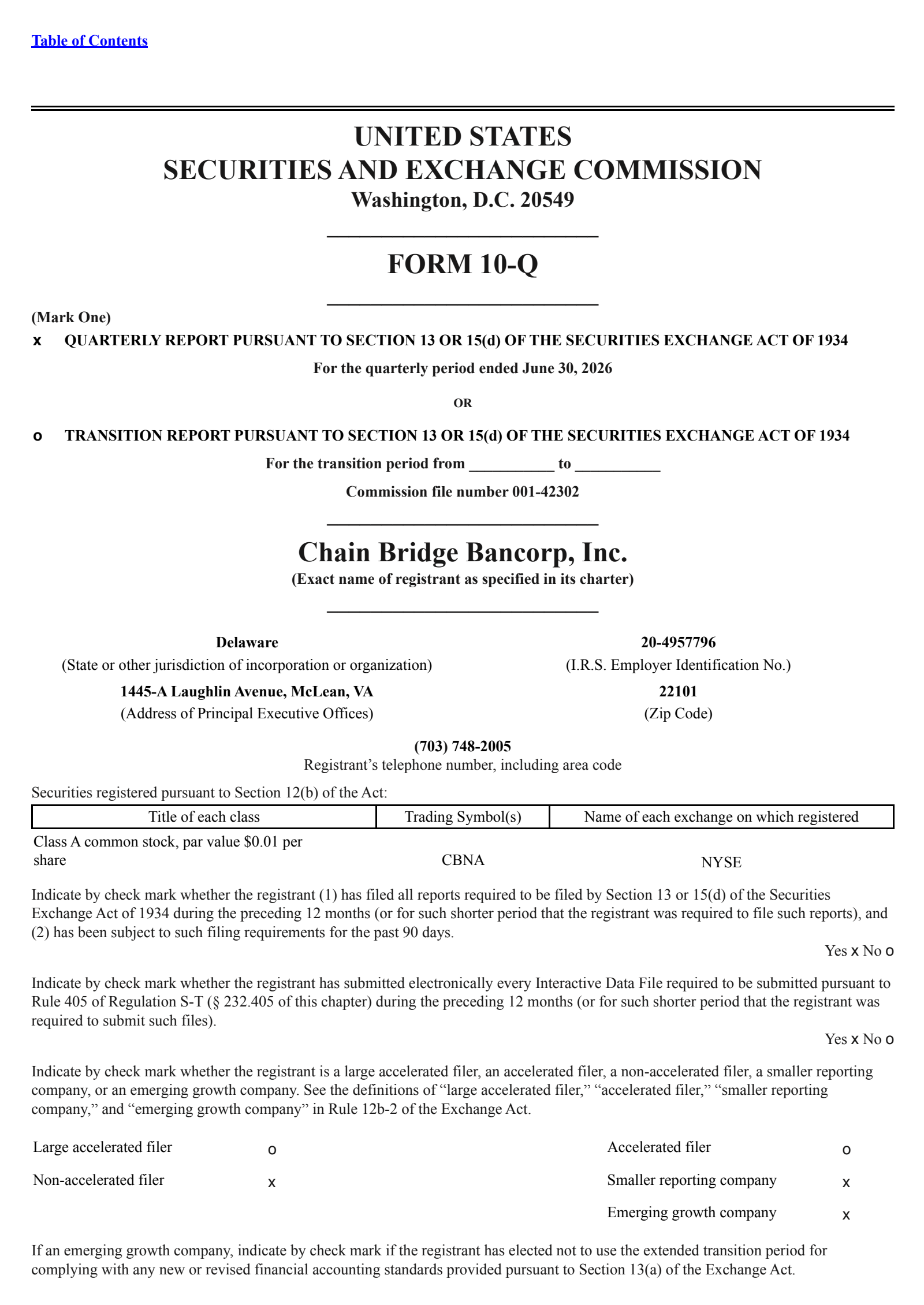 Chain Bridge Bancorp's Q2 2026 Quarterly report