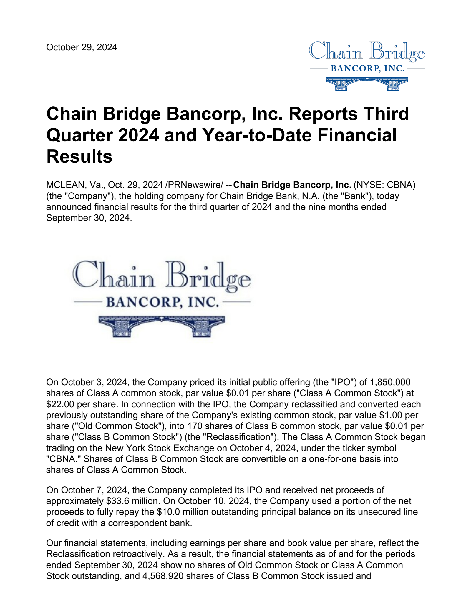 Chain Bridge Bancorp's Q3 2024 Press Release