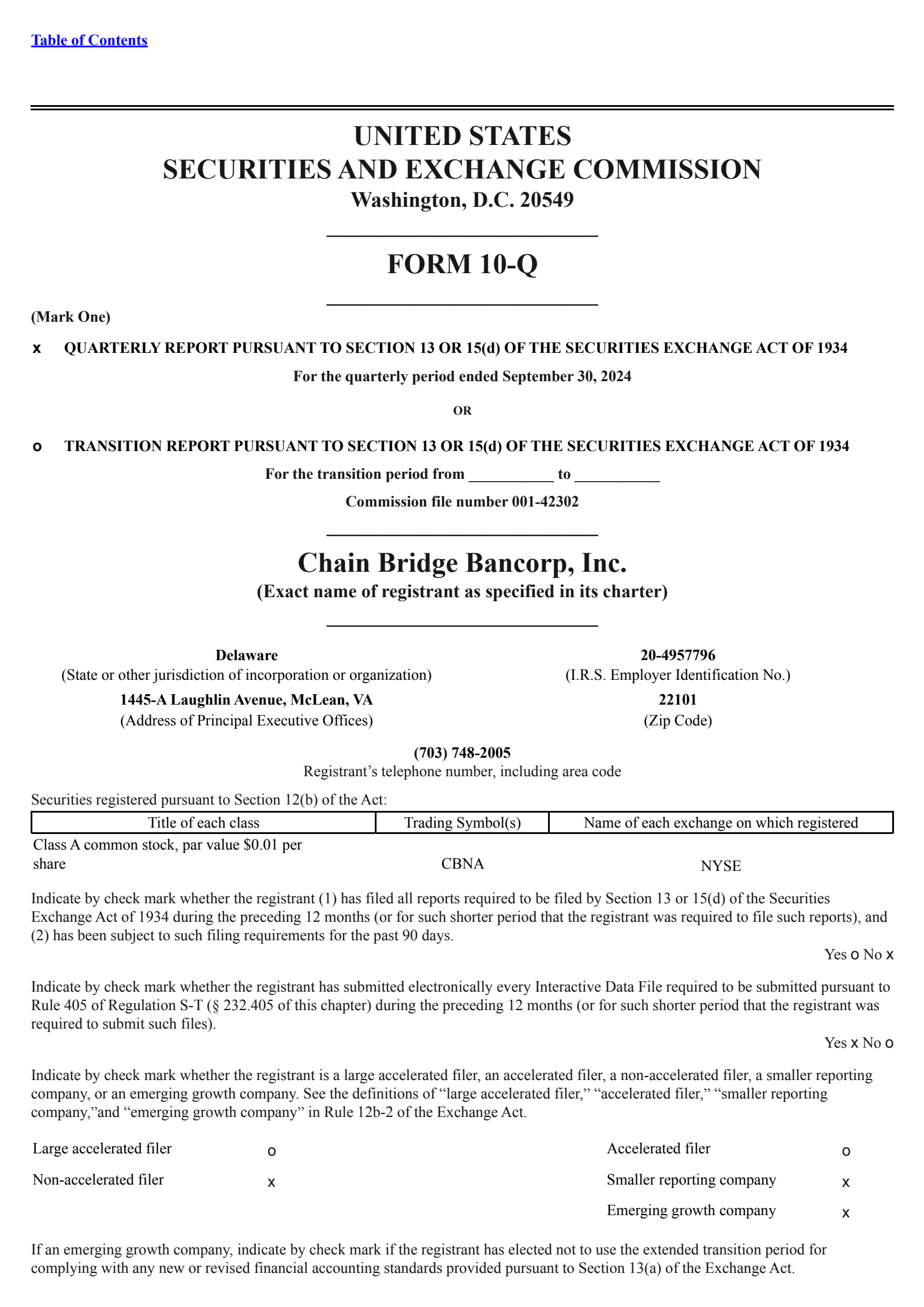 Chain Bridge Bancorp's Q3 2024 Quarterly report