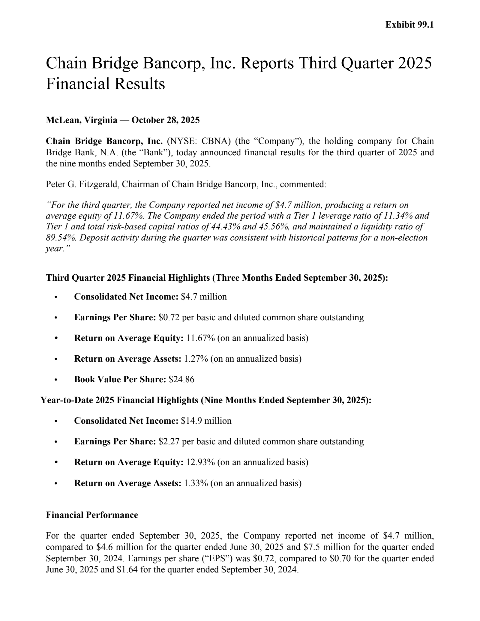 Chain Bridge Bancorp's Q3 2025 Press Release