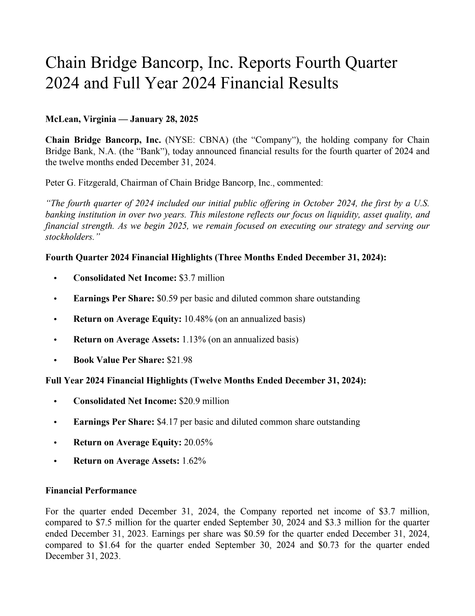 Chain Bridge Bancorp's Q4 2024 Press Release