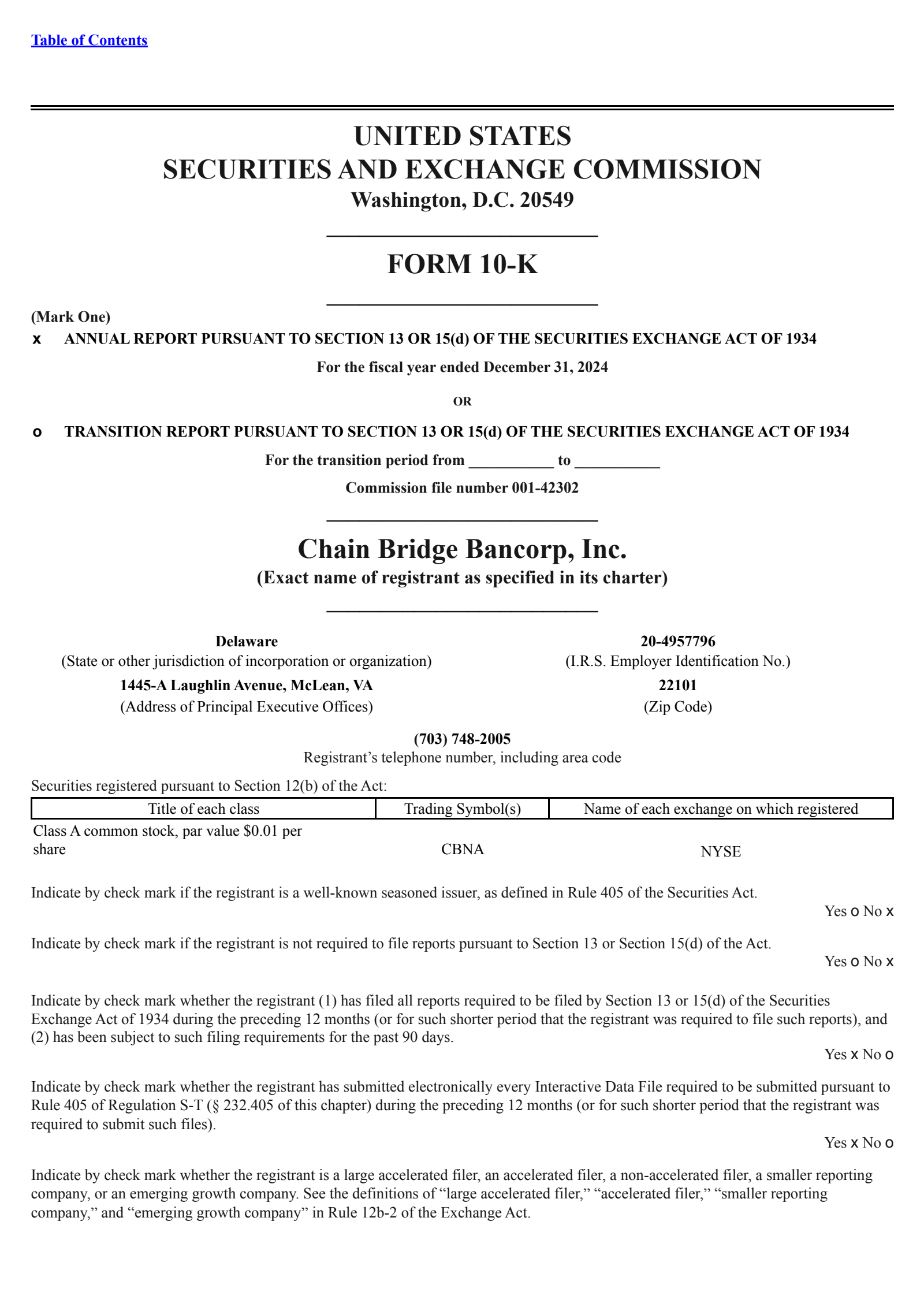 Chain Bridge Bancorp's Q4 2024 Annual report