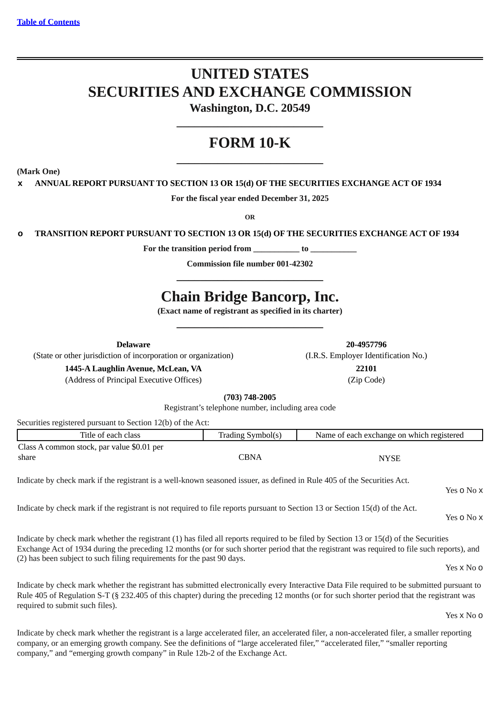 Chain Bridge Bancorp's Q4 2025 Annual report