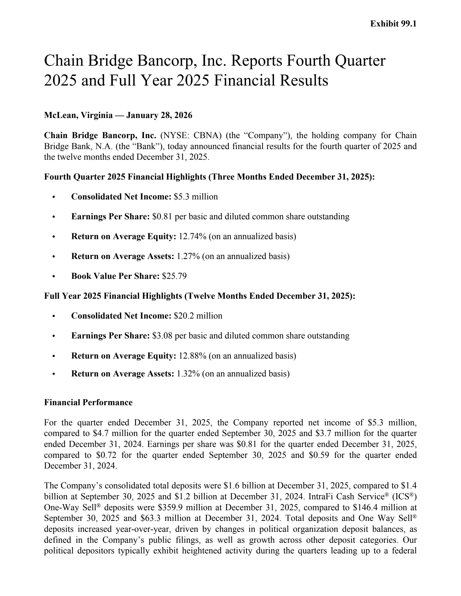 Chain Bridge Bancorp's Q4 2025 Press Release