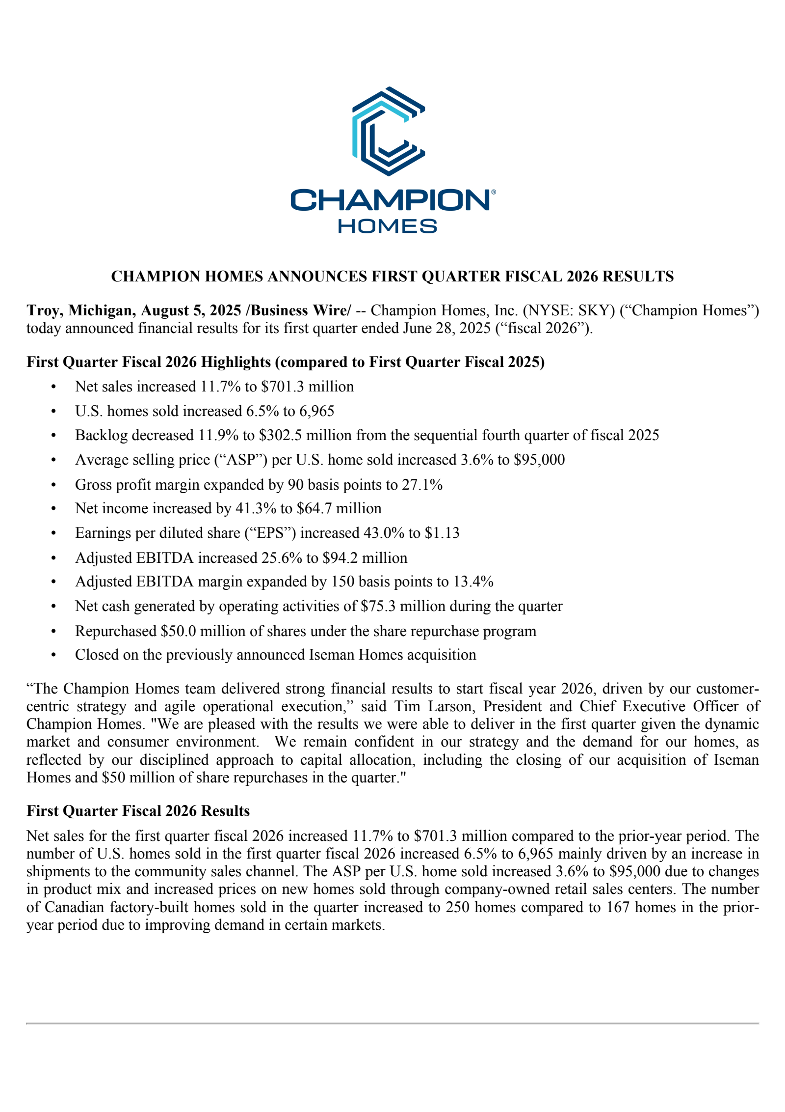 Champion Homes' Q1 2026 Press Release
