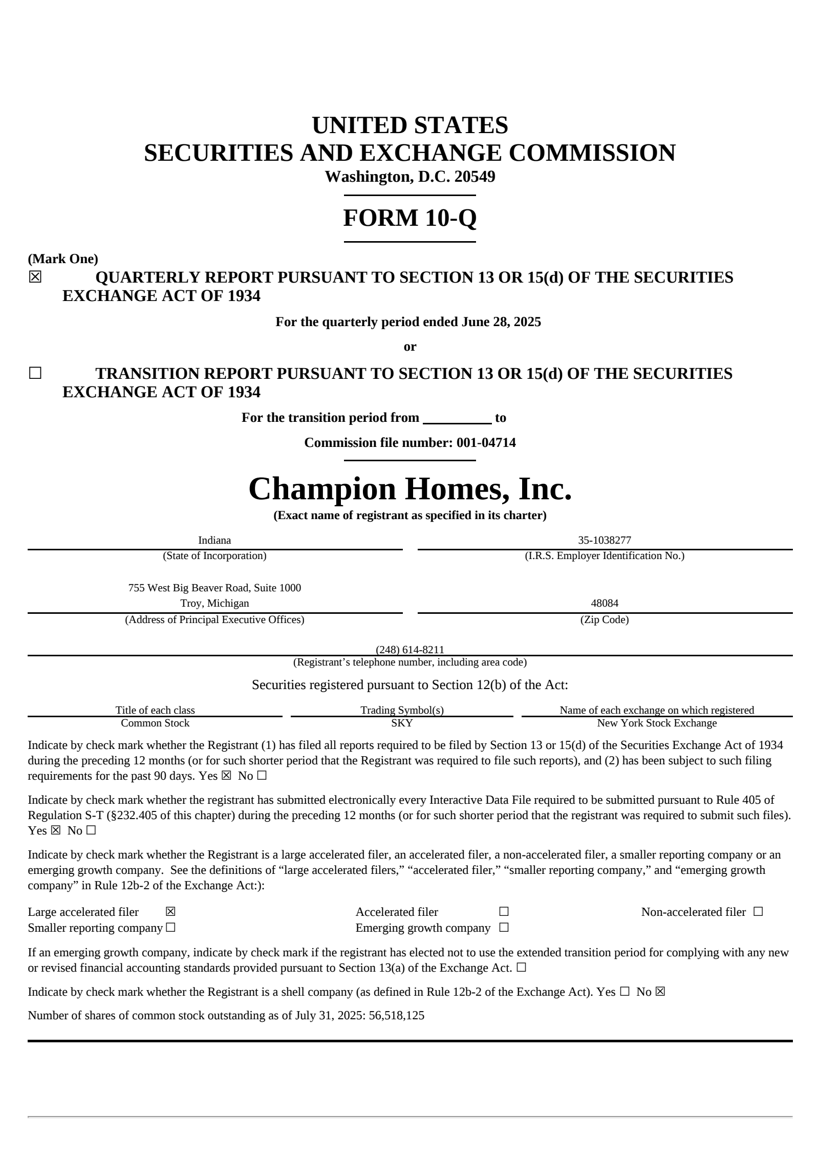Champion Homes' Q1 2026 Quarterly report