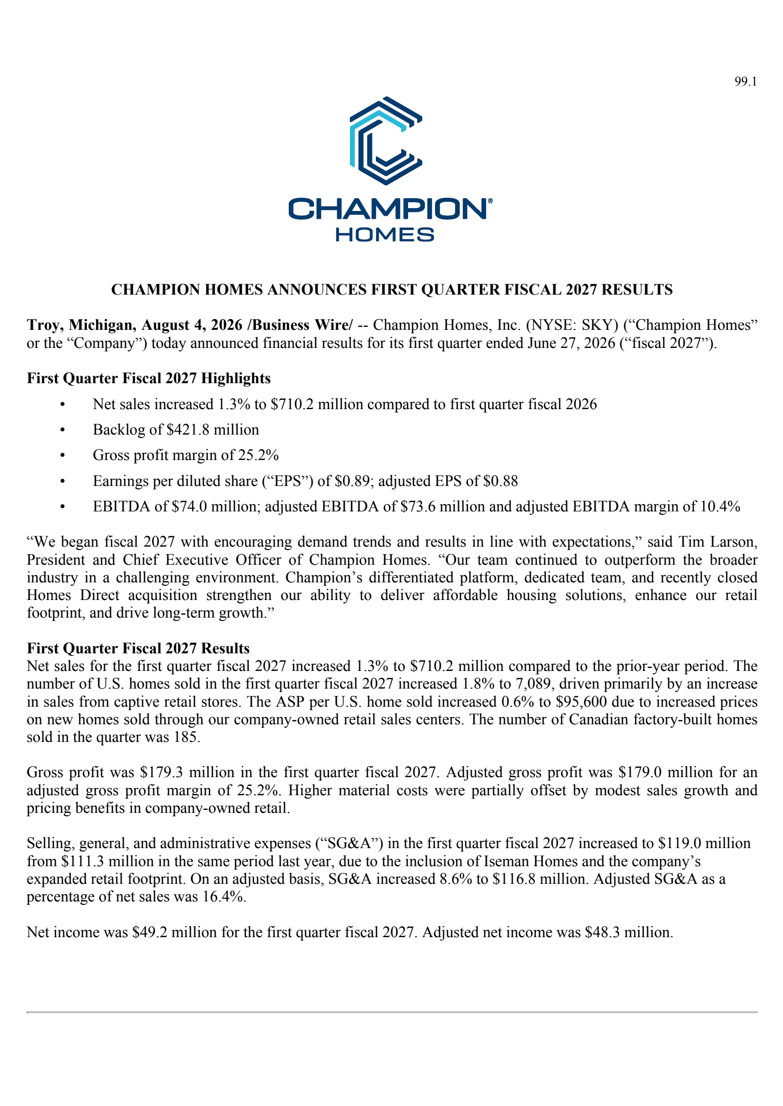Champion Homes' Q1 2027 Press Release
