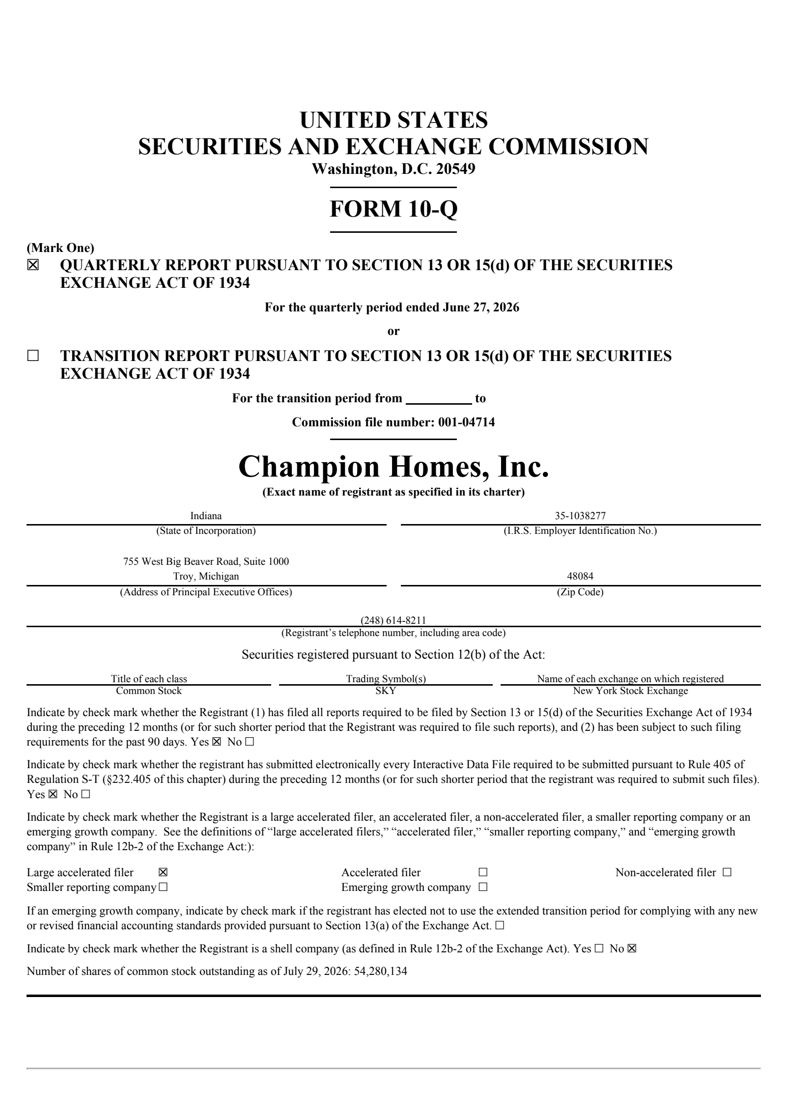 Champion Homes' Q1 2027 Quarterly report