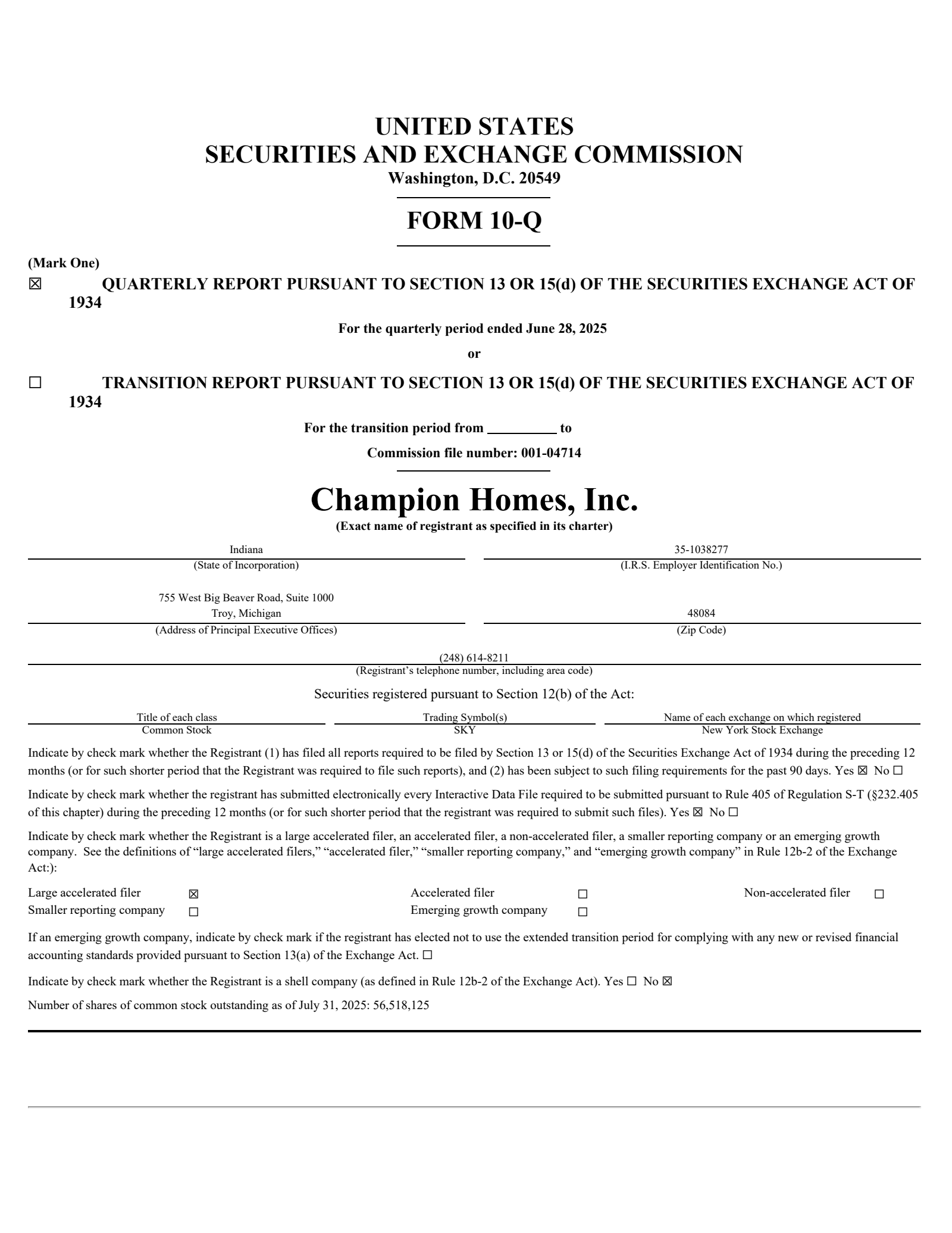 Champion Homes' Q2 2025 Quarterly Report